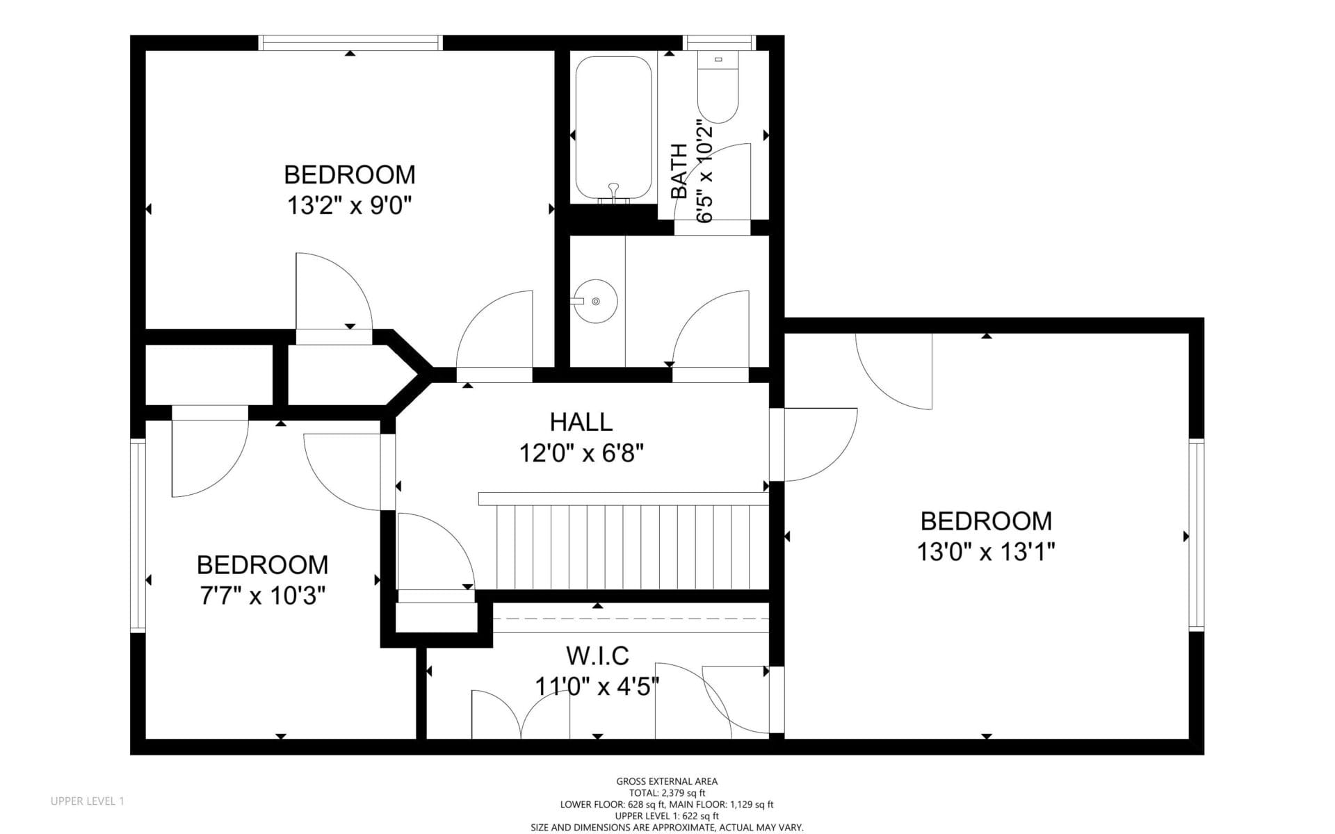 Floor plan of an upper level featuring three bedrooms, a hall, a walk-in closet (W.I.C.), and a bathroom. Dimensions are provided for each room: Bedroom 1 (132x90), Bedroom 2 (77x103), Bedroom 3 (130x131), Hall (120x68), W.I.C. (110x45), Bath (65x102).