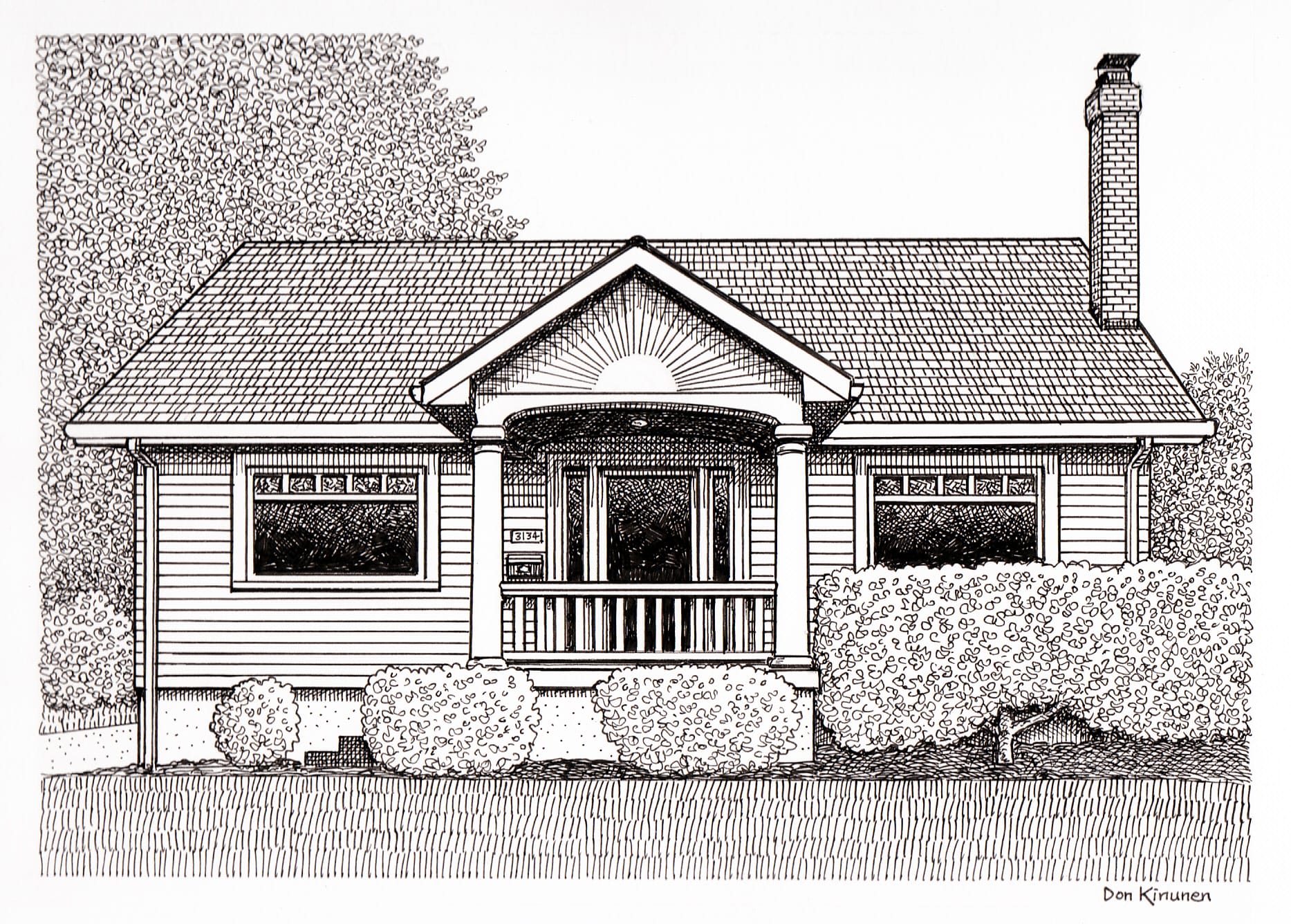 Black and white sketch of a small house with a gabled roof, central front porch, two windows on either side, and a chimney. Bushes surround the front and trees in the background.