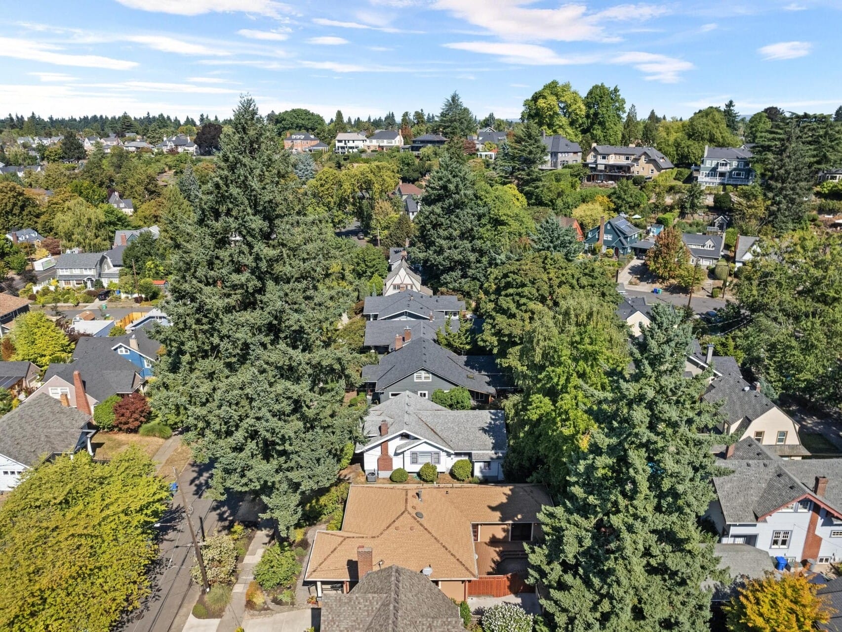 Aerial view of a Portland, Oregon residential neighborhood with tree-lined streets and various homes, surrounded by lush greenery and a clear blue sky in the background.