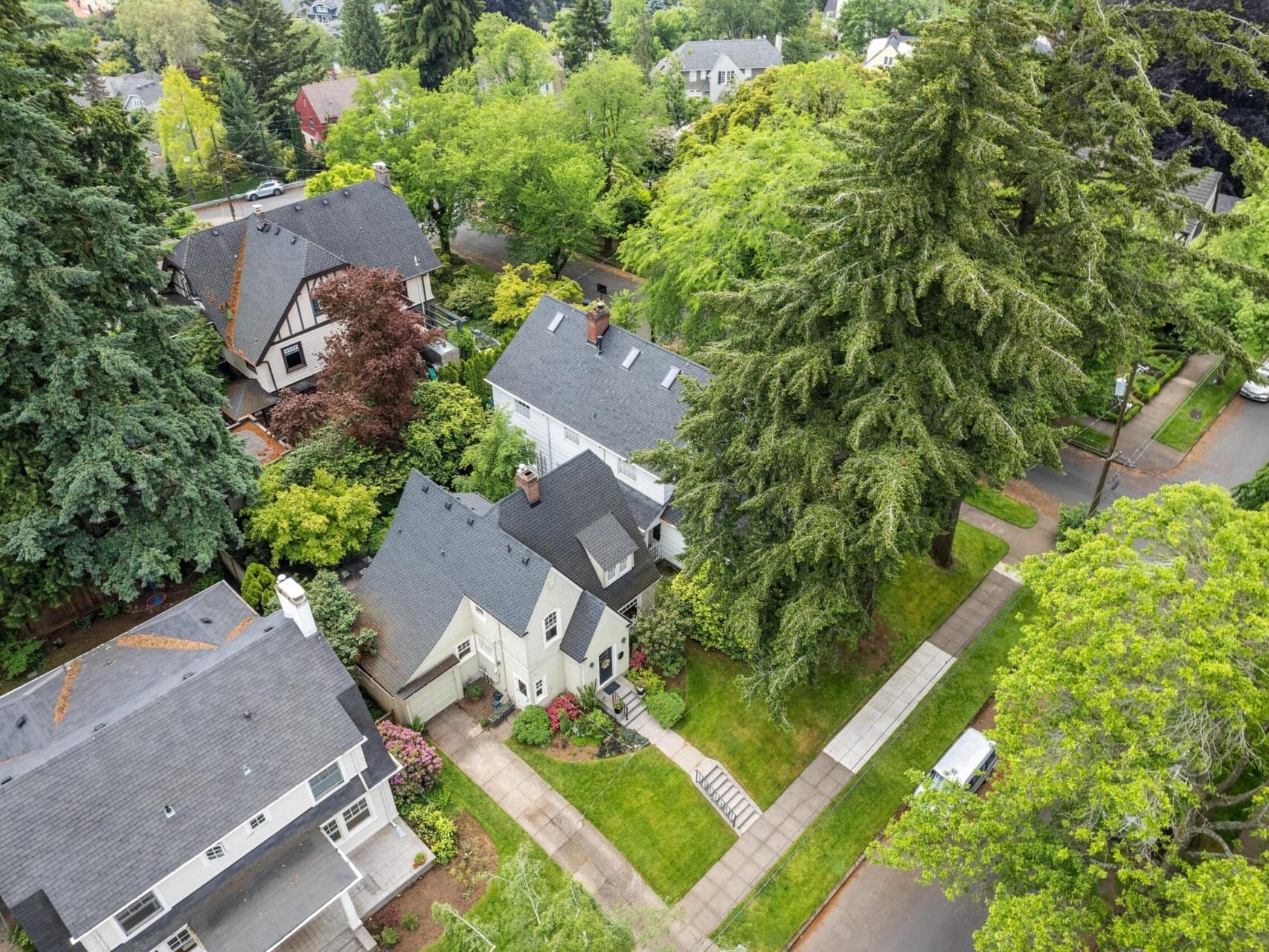 Aerial view of a Portland, Oregon residential neighborhood featuring several houses surrounded by lush greenery and tall trees. The streets and sidewalks are visible, with vehicles parked along the road. The scene appears tranquil and well-maintained.