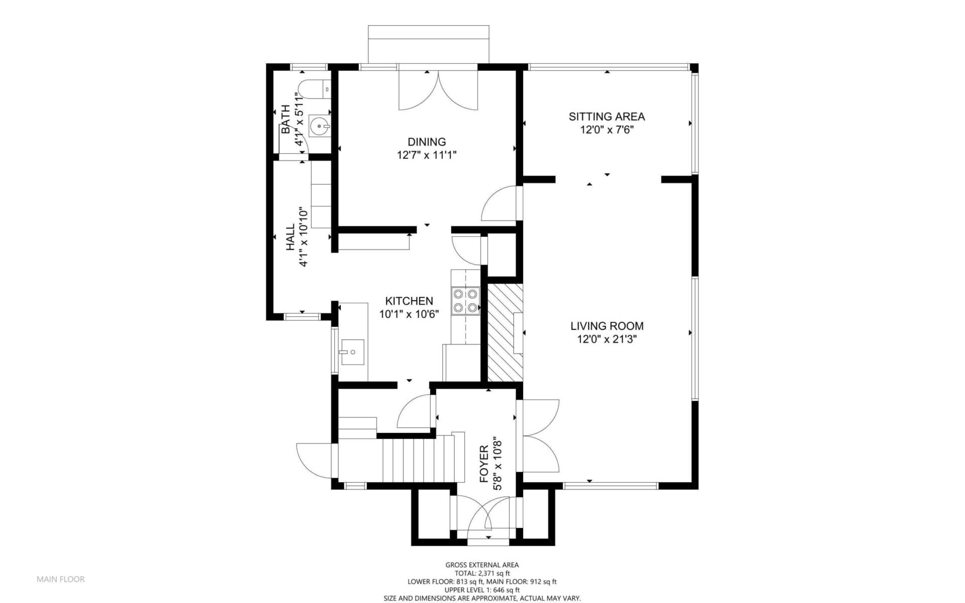 Floor plan of a Portland, Oregon home featuring a foyer, kitchen, dining area, sitting area, living room, and a bathroom. Dimensions are marked for each room with the main entrance at the bottom and various room entrances throughout.