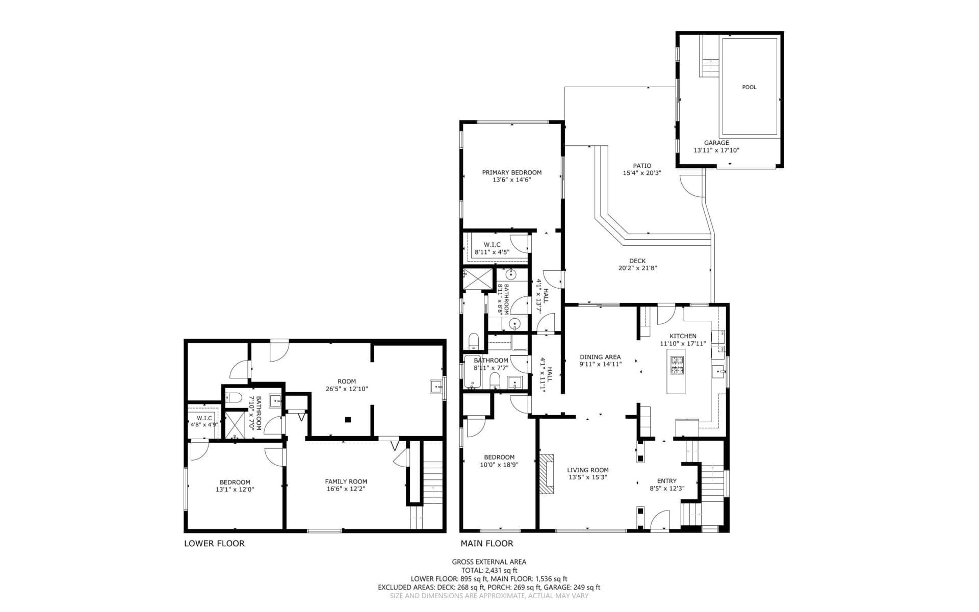 Floor plan layout in Portland, Oregon, showcasing a main floor with kitchen, dining, and living areas alongside three bedrooms, two bathrooms, and two decks. The lower floor features two bedrooms, a family room, and bathroom. A garage and pool complete the upper right quadrant.