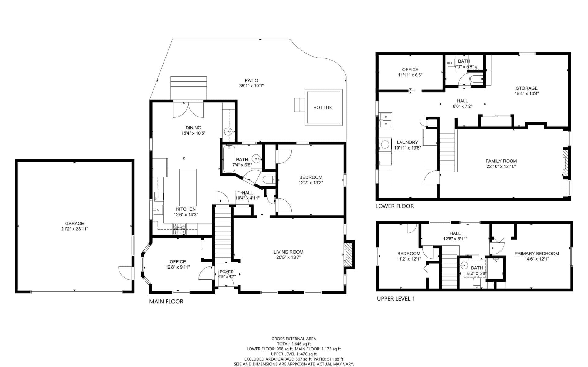 A detailed floor plan of a multi-level house showing the main floor with living areas and garage, a lower level with office and family room, and an upper level with bedrooms. Dimensions are provided for each room.