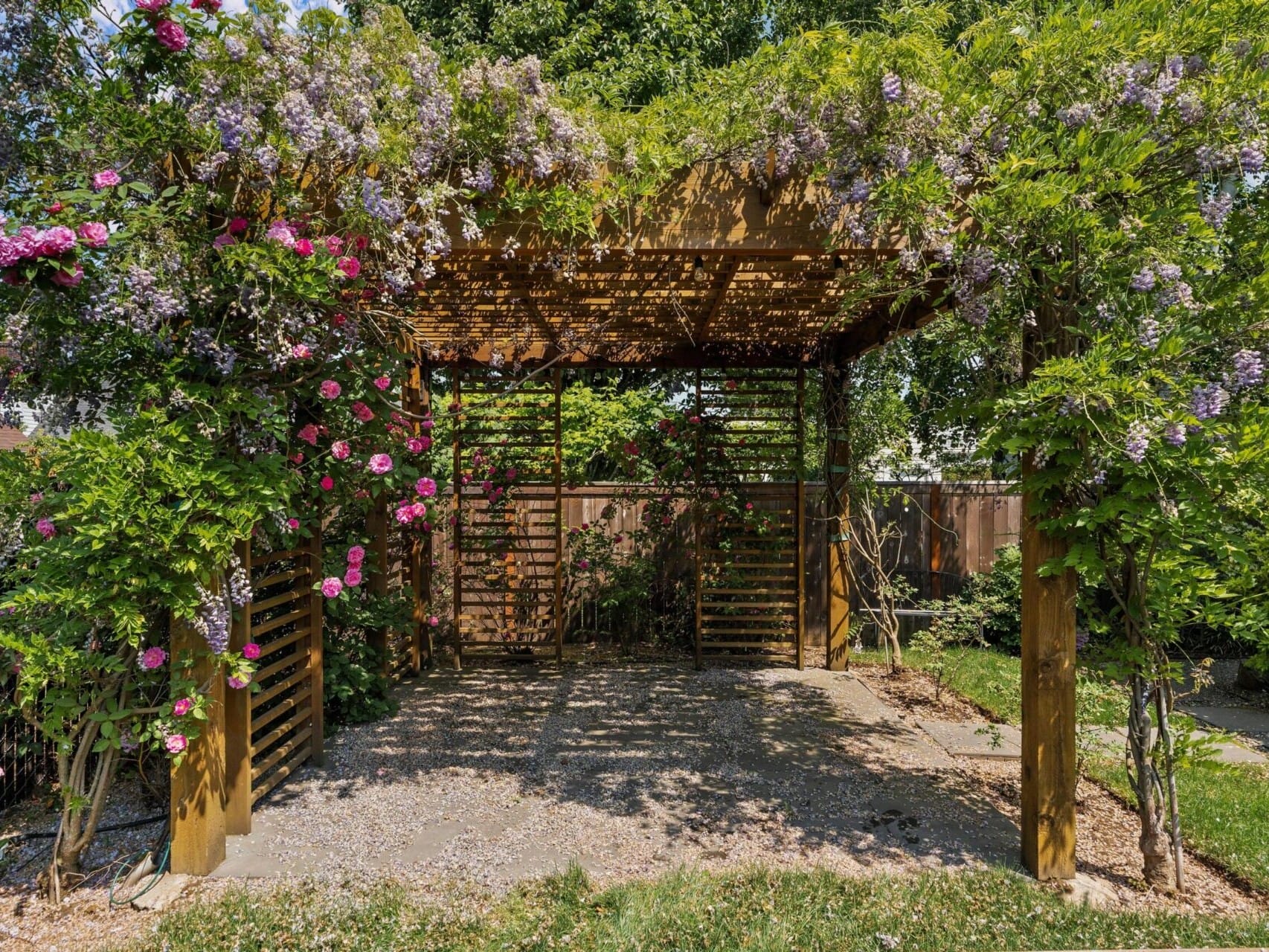 A wooden pergola covered with blooming wisteria and roses in a garden setting. Sunlight filters through the leaves, creating a serene and natural atmosphere. The surrounding greenery and a wooden fence complete the peaceful scene.