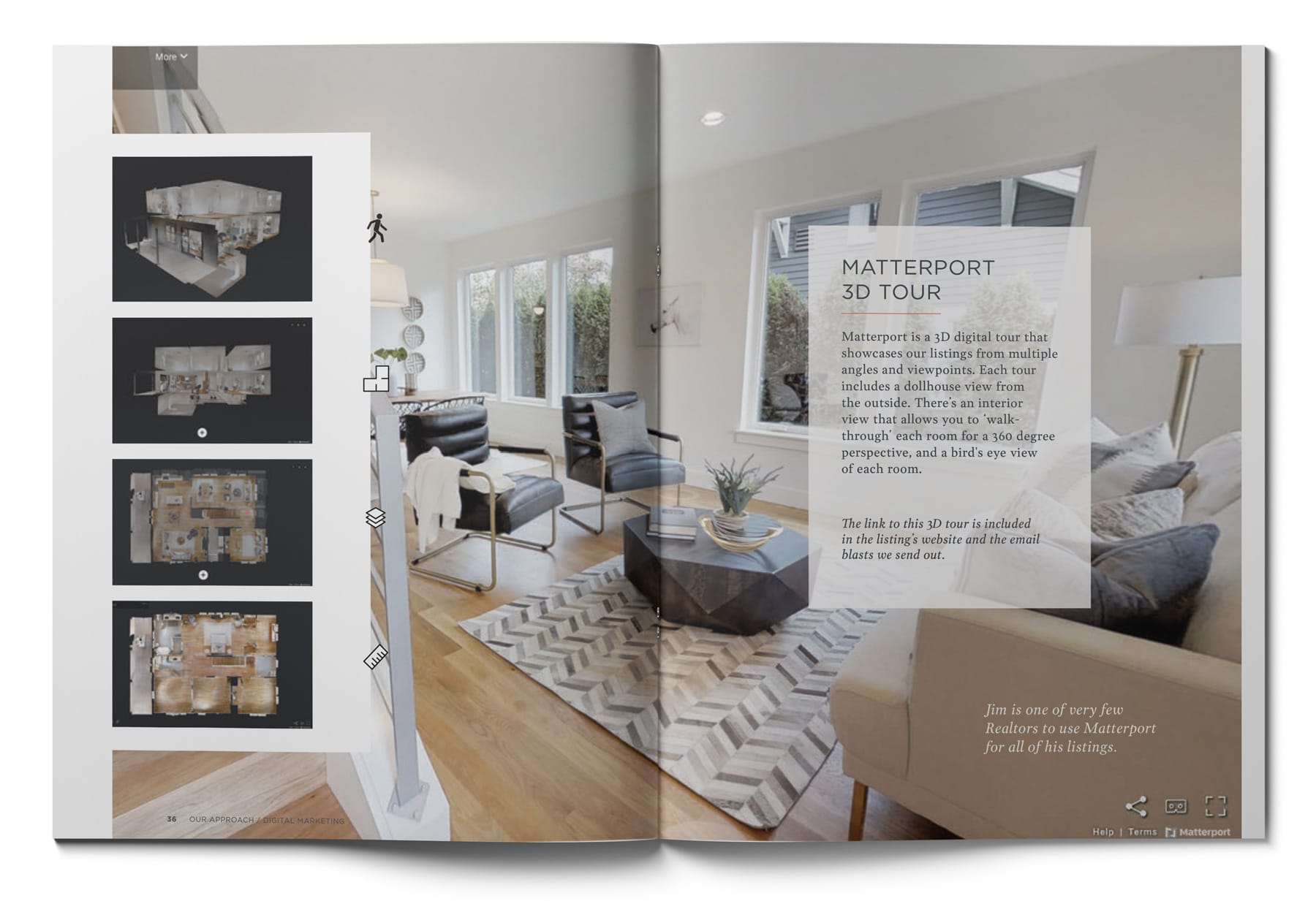 A brochure page showcases a Matterport 3D tour for Portland Oregon real estate. It features a modern living room with a couch, chairs, a rug, and large windows. Discover the 3D tour's features with floor plan thumbnails on the left, guided by your top real estate agent in the city.