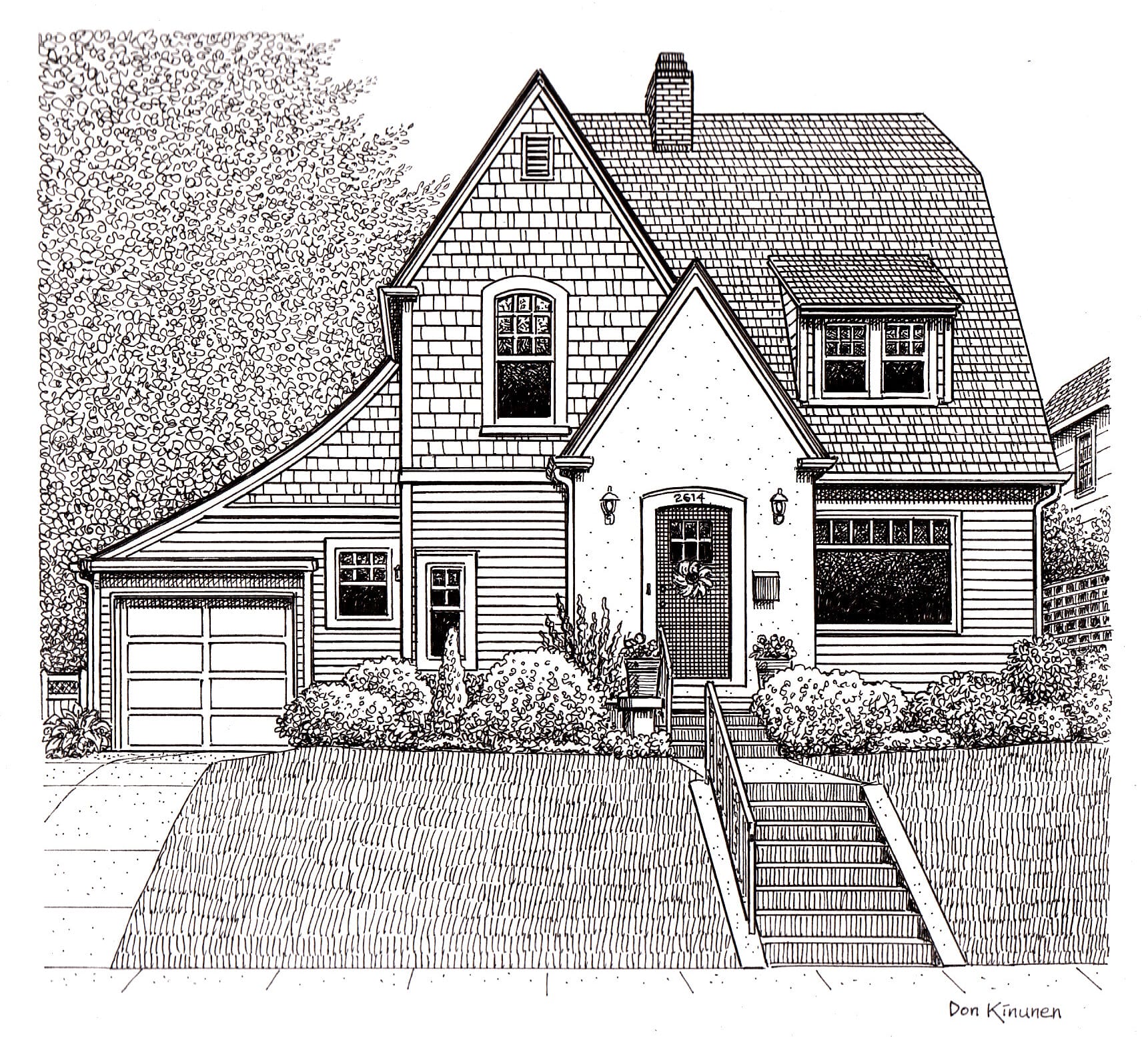 A detailed black and white illustration of a charming two-story house with a pitched roof and a front porch. The house has a garage, steps leading up to the front door, and is surrounded by bushes and trees.