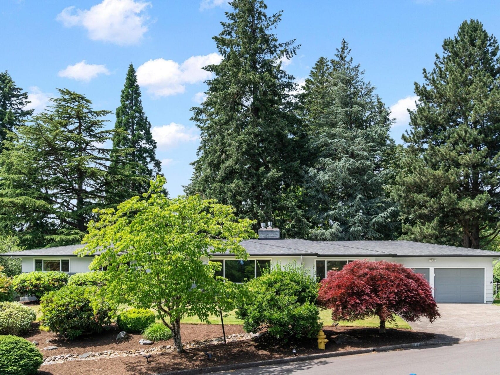 A single-story white house with a gray roof, surrounded by lush greenery. Tall trees tower in the background, and a red-leaved tree and manicured shrubs are in the front yard. A driveway leads to a two-car garage. The sky is bright and partly cloudy.