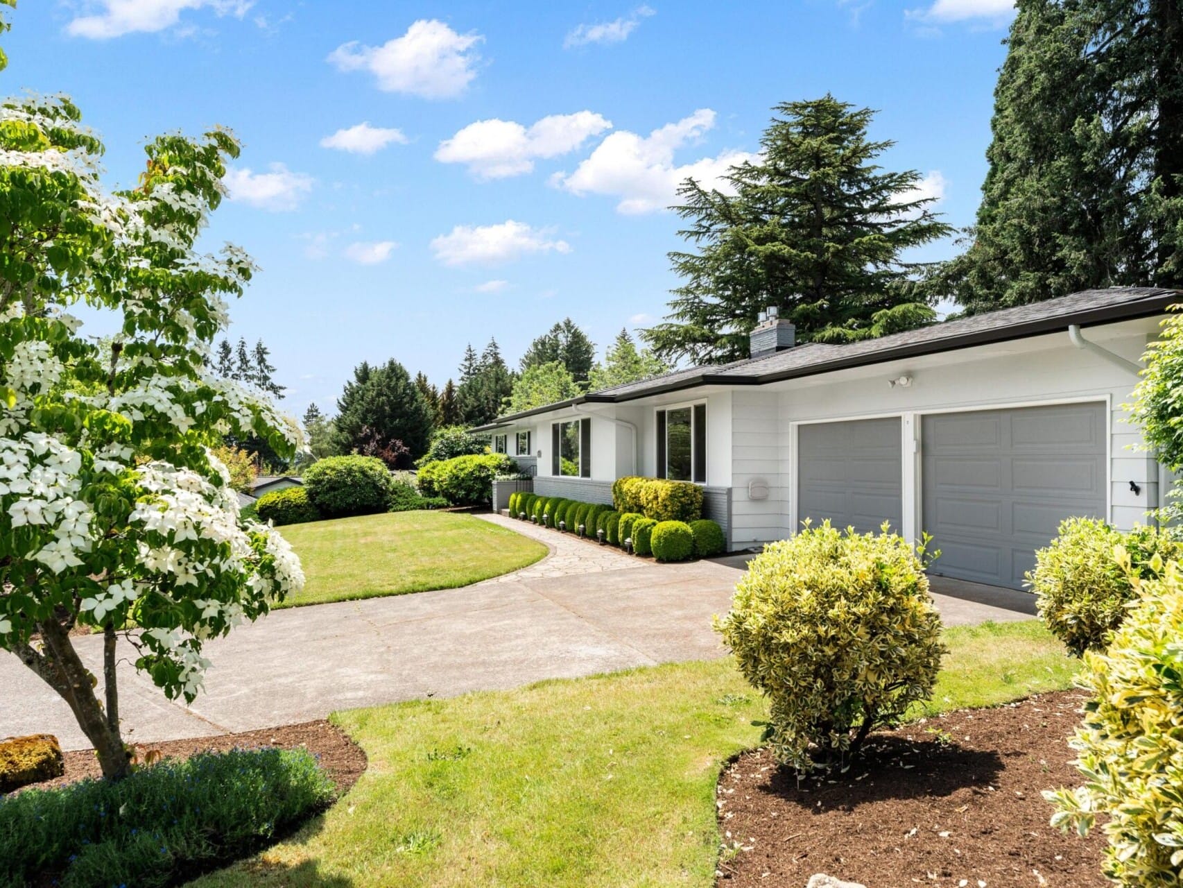 A modern white house with a neatly trimmed lawn and landscaped shrubbery in the front yard. The driveway leads to a two-car garage. Trees and a clear blue sky are in the background.