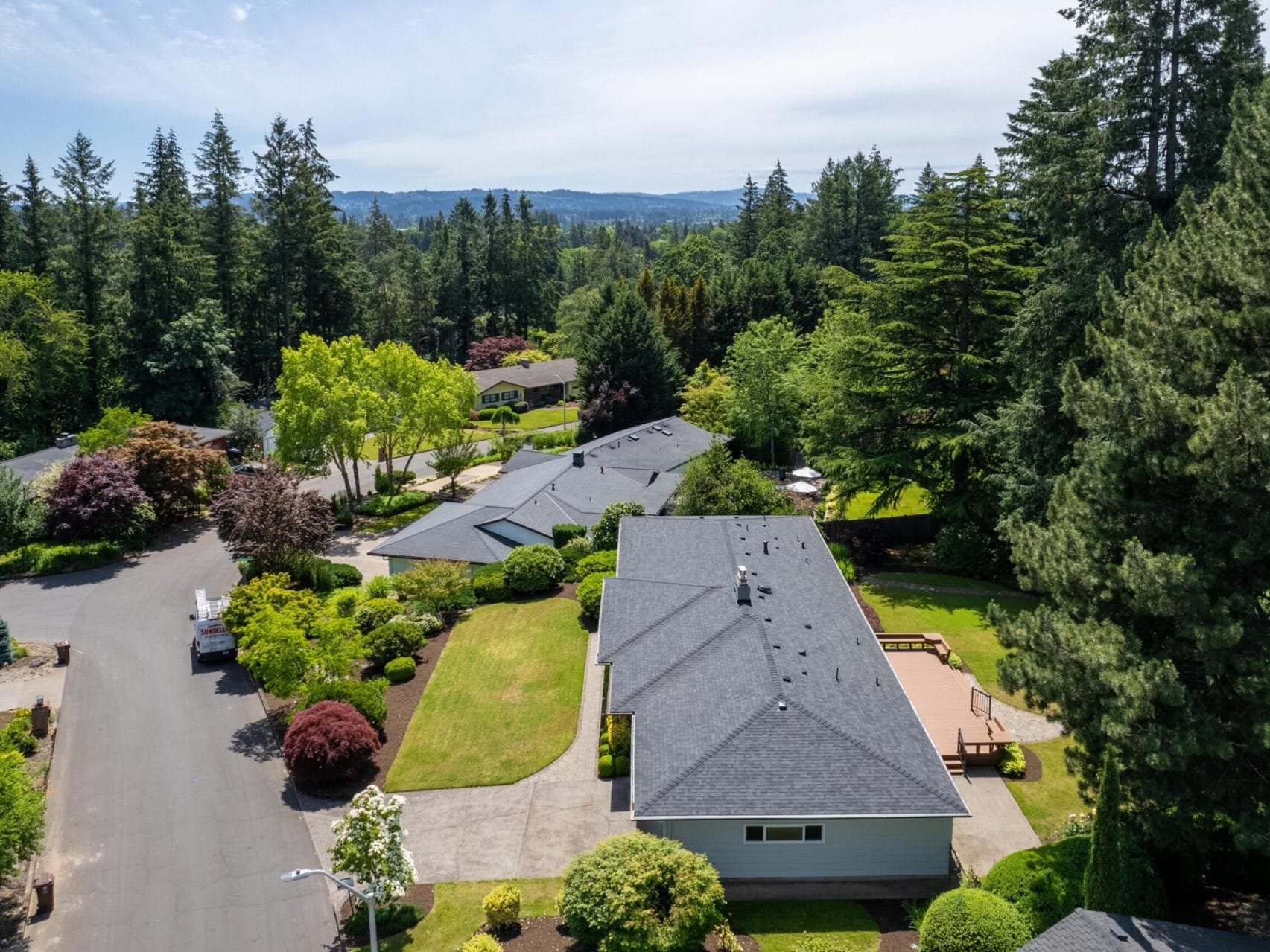 An aerial view of a suburban neighborhood surrounded by lush greenery and tall trees. Several houses with dark roofs are visible along a street, with well-maintained lawns and gardens. A distant landscape of hills is seen under a cloudy sky.