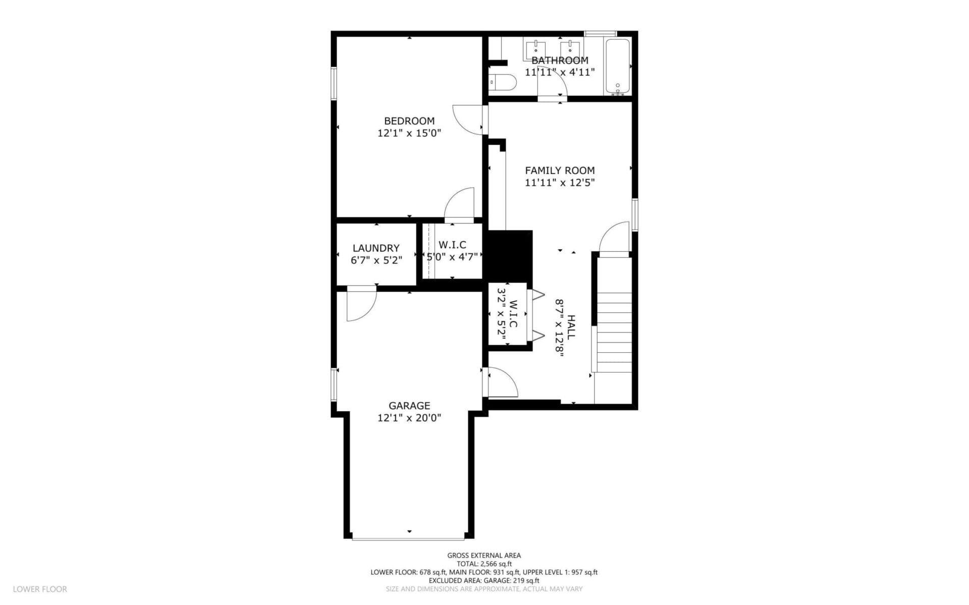 This Portland, Oregon floor plan showcases a lower level with a spacious garage, convenient laundry room, walk-in closet, cozy family room, bedroom, and bathroom. Rooms are labeled with dimensions: Bedroom (121x150), Family Room (1111x216), Laundry (67x52), Garage (121x200).