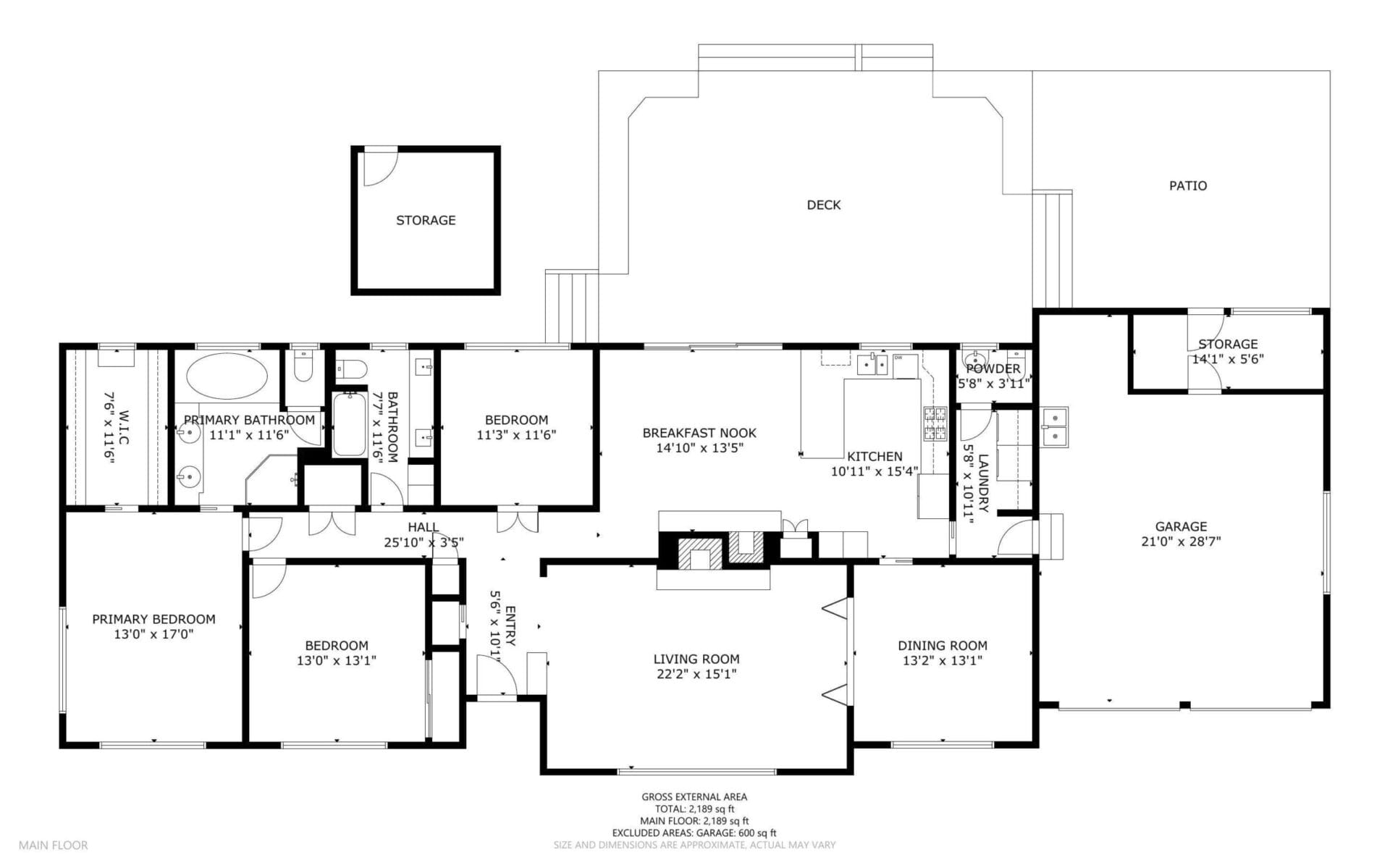 Floor plan displaying a residence layout with labeled rooms: living room, dining room, kitchen, breakfast nook, three bedrooms, primary bathroom, hall, storage, garage, deck, and patio. Measurements for each area are provided.