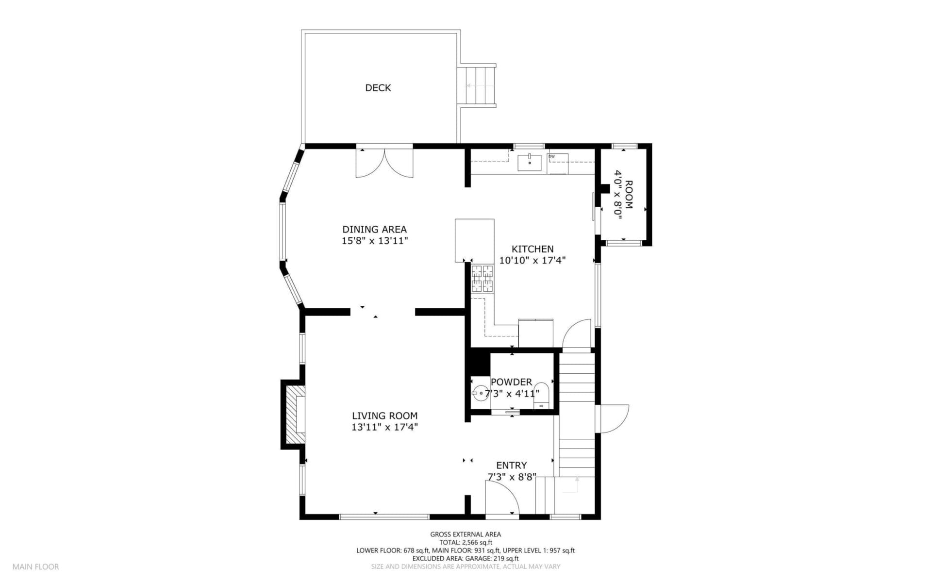 Floor plan of a main floor layout in Portland, Oregon, featuring a deck, dining area, kitchen, powder room, living room, entryway, stairs, and garage. Rooms are labeled with dimensions. Hallways seamlessly connect the spaces.