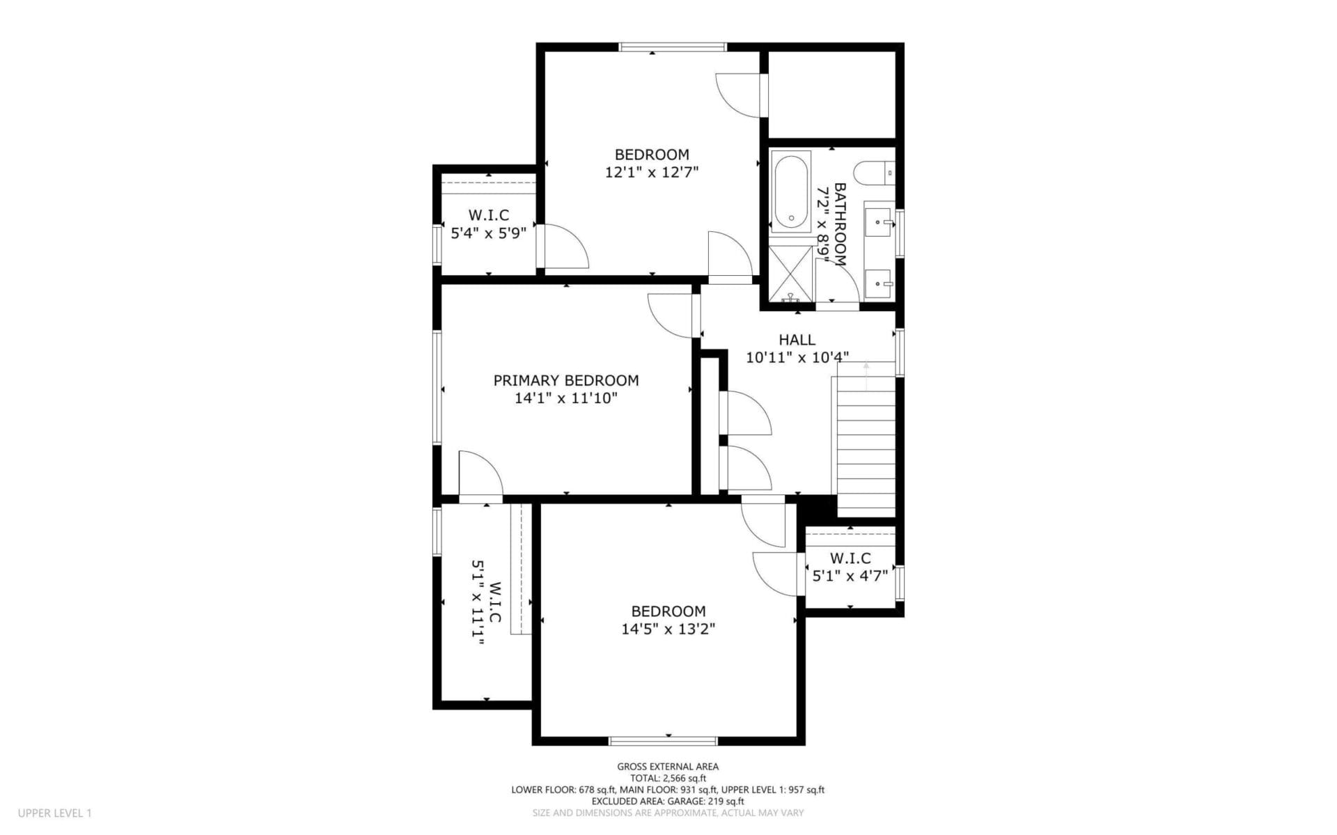 Explore this upper-level floor plan in a classic Portland, Oregon style, featuring three spacious bedrooms, a hall, two walk-in closets, an additional closet, and a bathroom. Each room is labeled with dimensions in feet and inches. Stairs elegantly descend to the lower level.