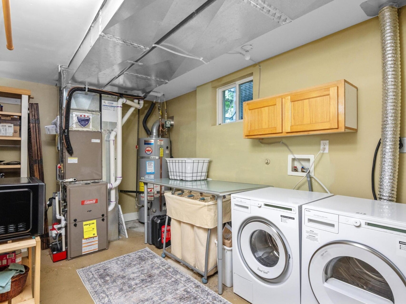 A well-organized laundry room in a prime Portland Oregon real estate listing features a washing machine and dryer side by side. There’s a metal countertop above laundry baskets, wooden cabinets on the wall, with a furnace and water heater in the corner, all curated by a top real estate agent.