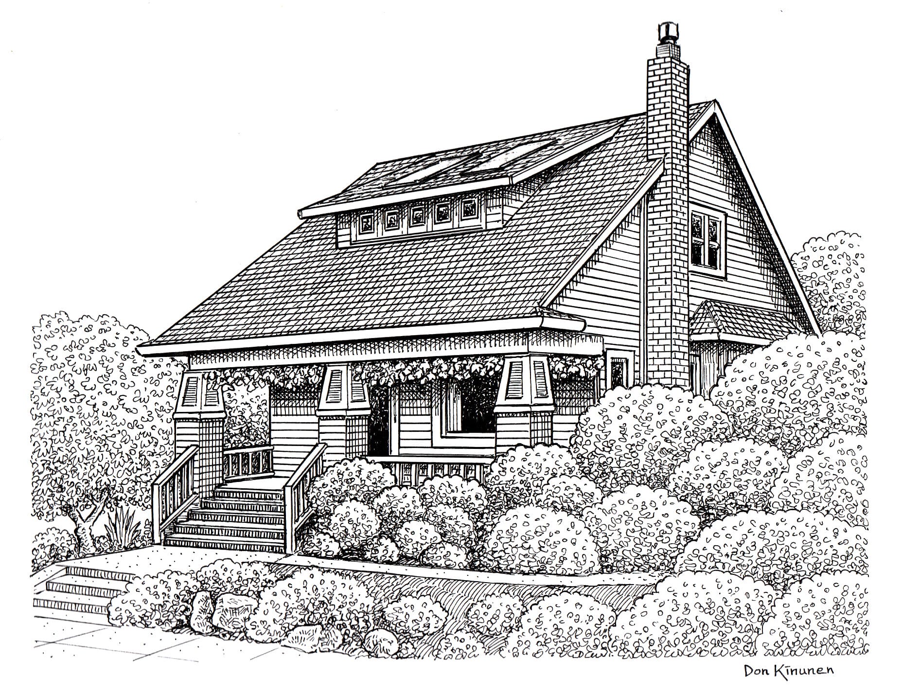 Black and white line drawing of a cozy house with a gabled roof and chimney, capturing the charm of Portland Oregon real estate. The front porch features detailed railings and steps, while bushes and trees surround the house, adding a lush and inviting feel to this quintessential Portland setting.