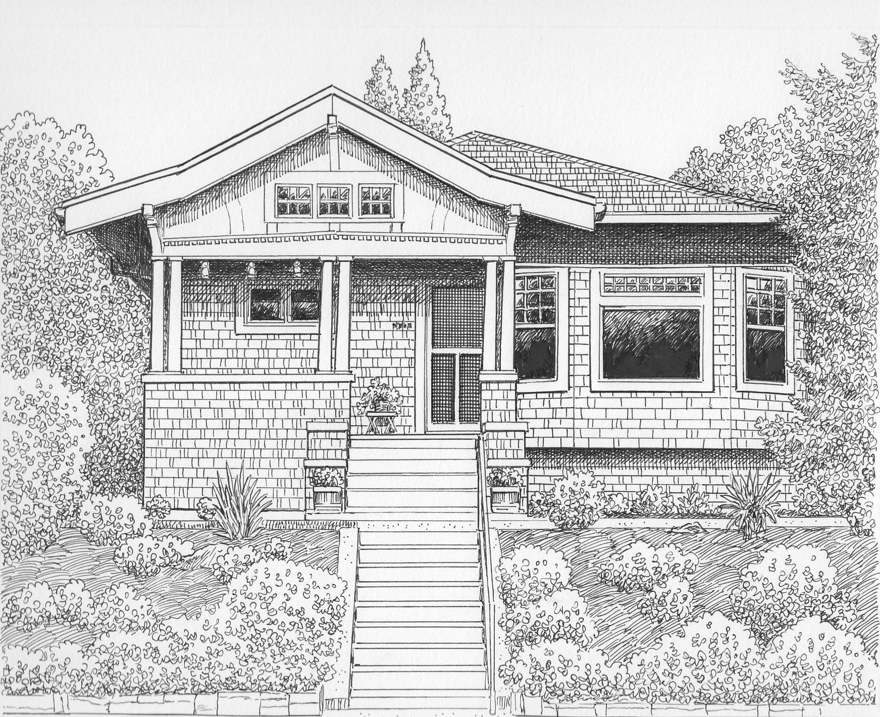 A detailed black and white sketch of a bungalow-style house with a covered porch, multiple windows, and shingle siding. It features a staircase leading to the entrance, surrounded by shrubs and trees.