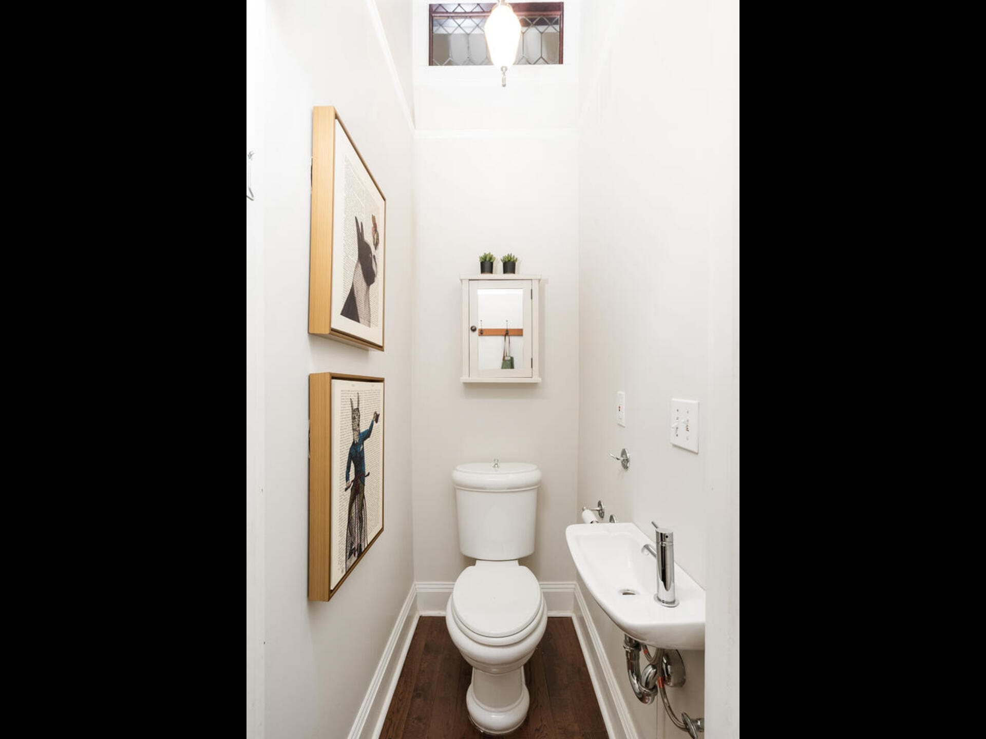 A narrow, white-painted bathroom with a toilet and a small wall-mounted sink. Two framed animal-themed artworks hang on the left wall, and a mirror above the toilet reflects light. Small plants are placed on a shelf above the mirror.
