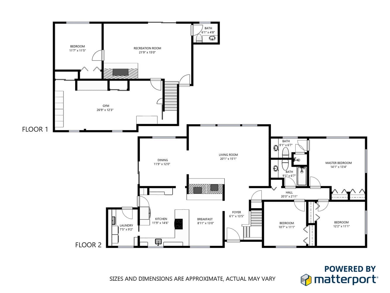 Floor plan showing two levels. The first floor includes a bedroom, recreation room, and gym. The second floor features a kitchen, dining, living rooms, and additional bedrooms including a master bedroom with ensuite. Orientation: Powered by Matterport.