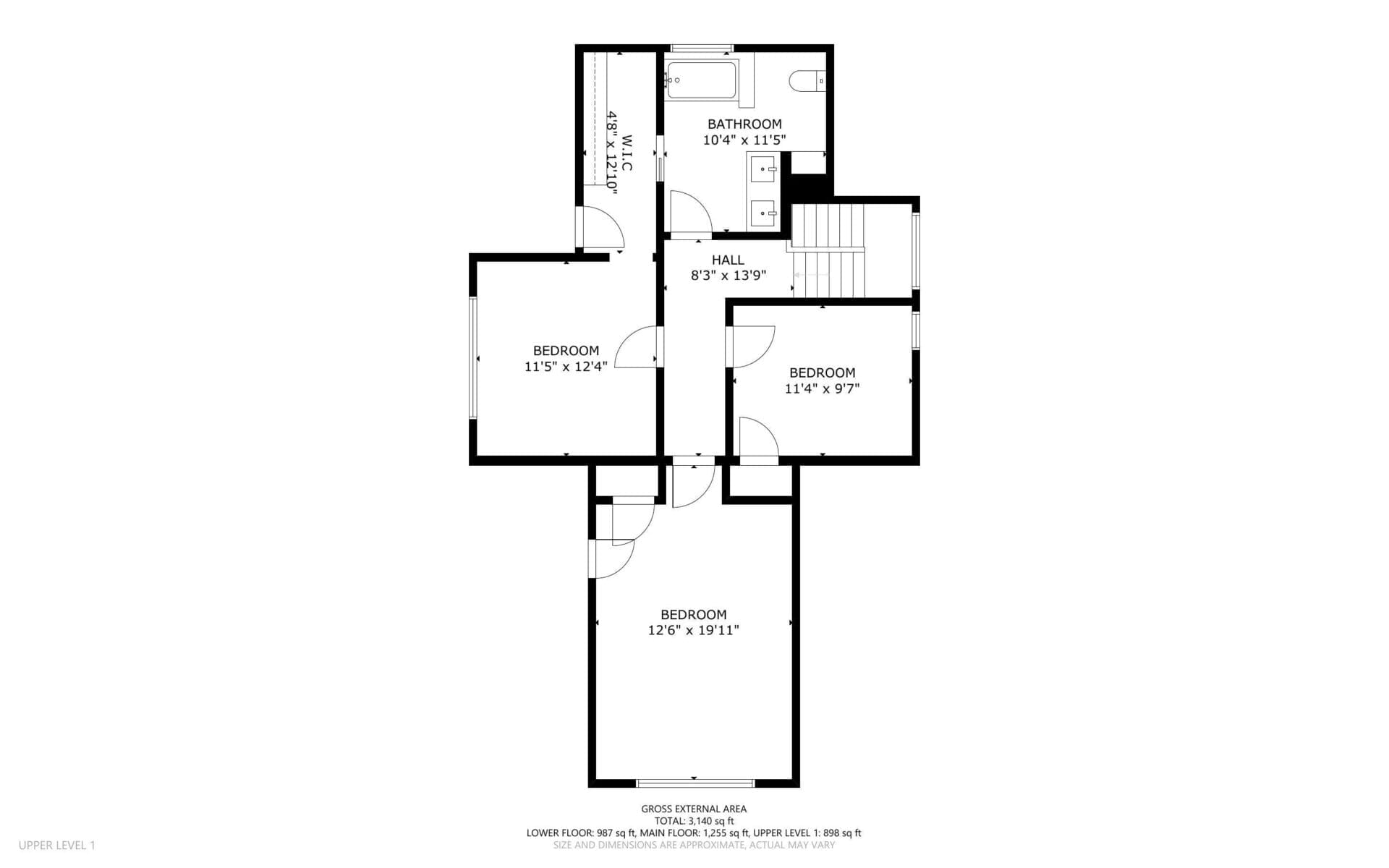 Floor plan of a houses upper level. It includes three bedrooms, a hall, a bathroom, and stair access. The bedrooms dimensions are provided.