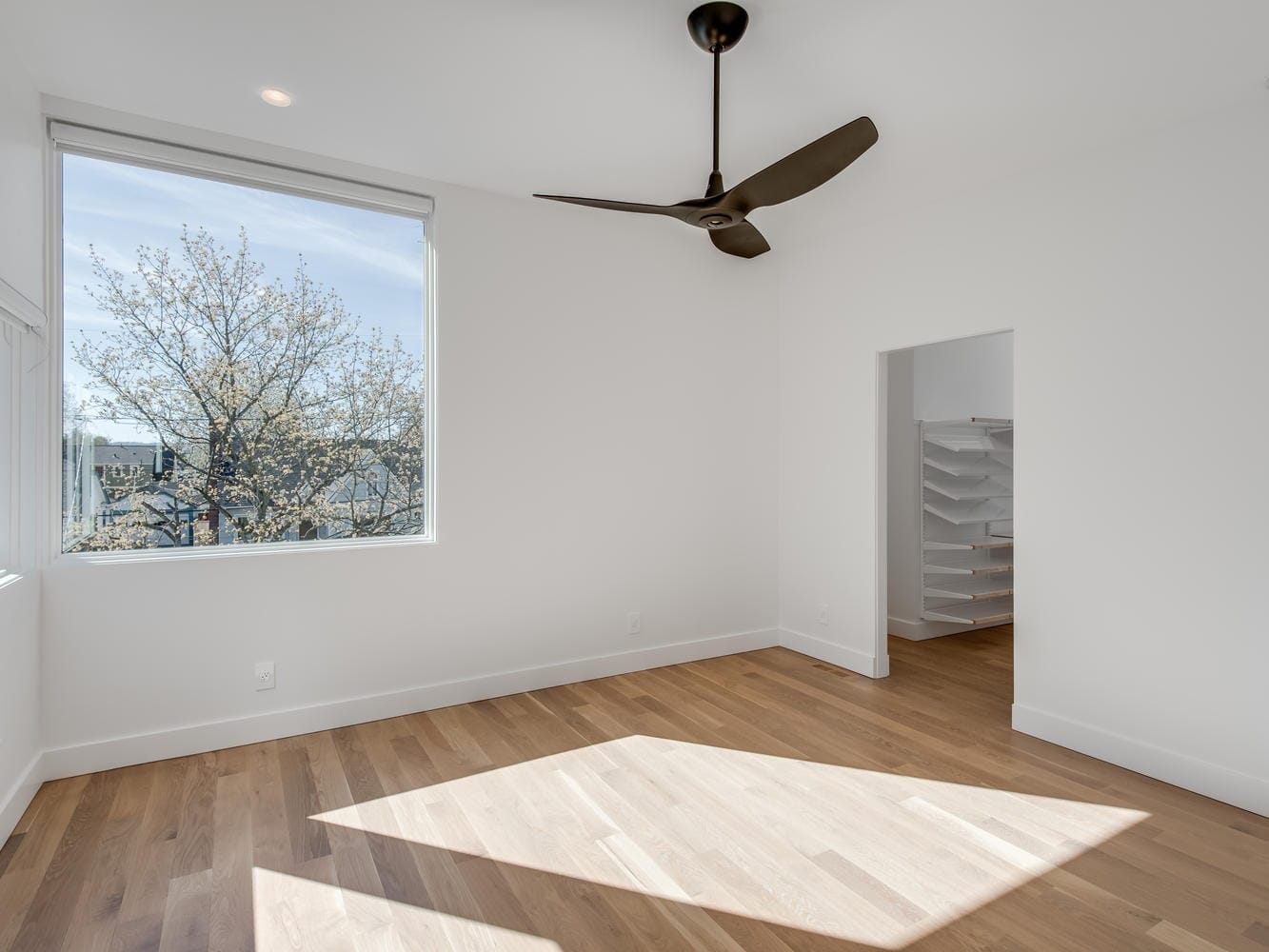 A bright, modern room with large windows and a wooden floor in Portland, Oregon. The black ceiling fan spins gently as sunlight illuminates the space. An open doorway leads to a room with white shelving, while outside, a tree sways in the breeze.