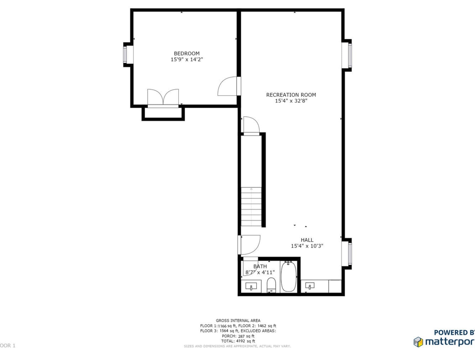 Floor plan featuring a bedroom (159 x 122), a recreation room (154 x 326), a bathroom (67 x 411), and a hall. The total area is 676 sq ft.