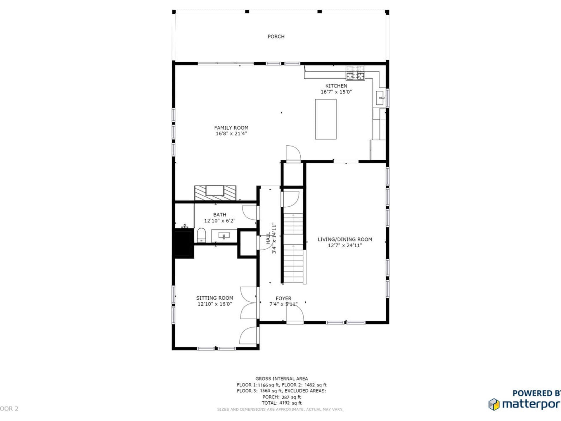Blueprint of a house floor plan featuring a porch, family room, kitchen, living/dining room, sitting room, bathroom, and foyer. Key measurements for each room are provided, with a staircase in the center leading to another floor.
