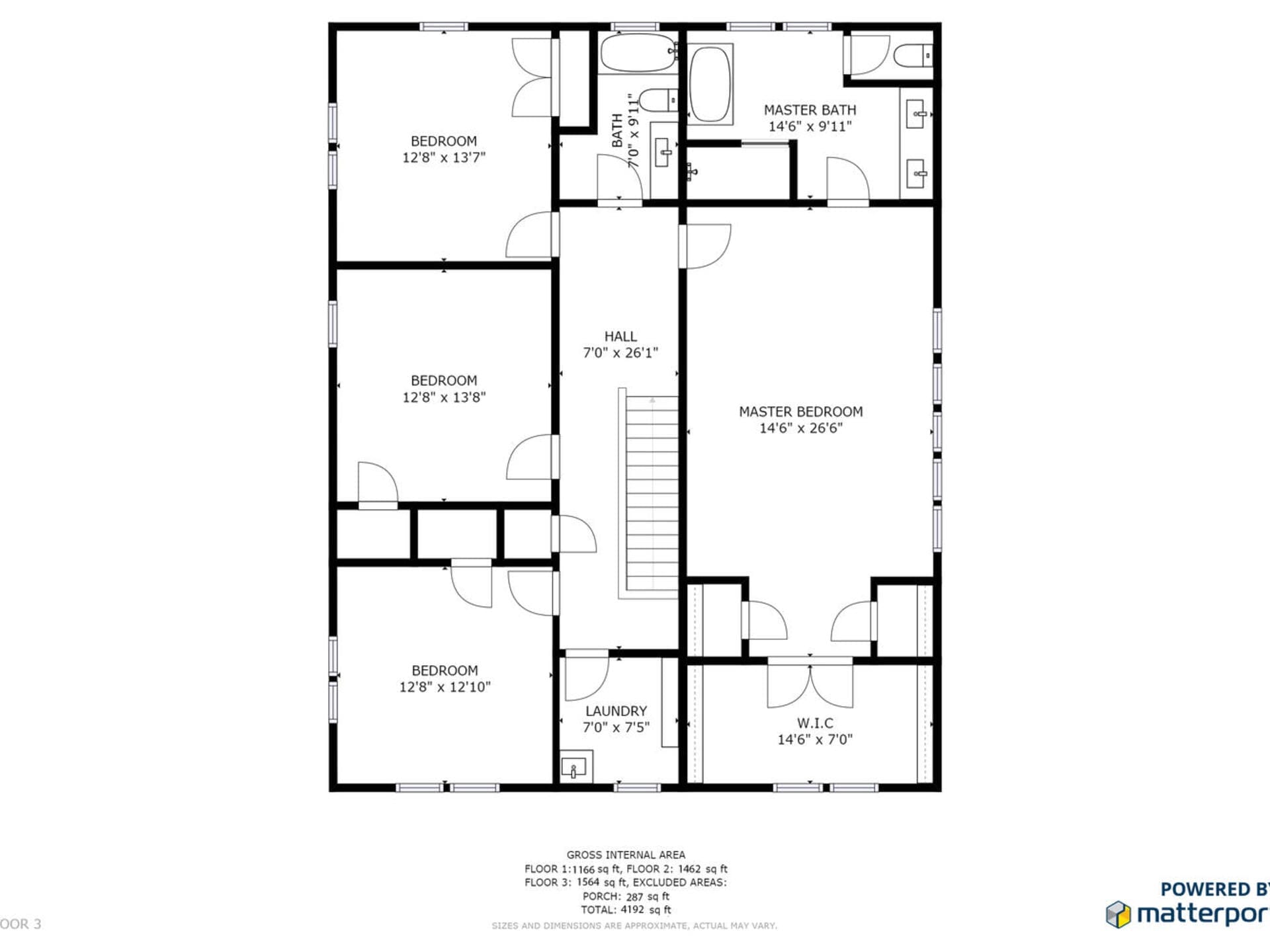 Floor plan of a home with a master bedroom, two additional bedrooms, master bath, bathroom, laundry room, walk-in closet, and a central hall. Dimensions are labeled for each room.