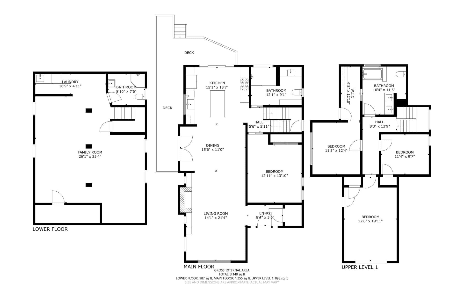 Floor plan layout showing three levels: lower floor with a family room and laundry; main floor with a living room, dining area, kitchen, and bathroom; upper level with three bedrooms and a bathroom. Rooms are labeled with dimensions.