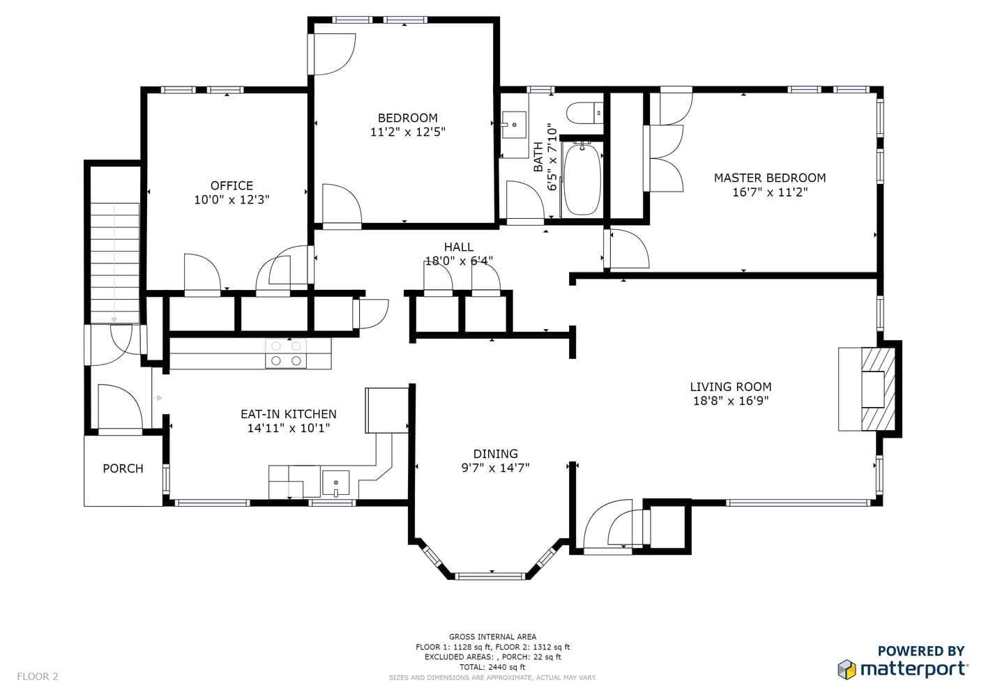 A floor plan of a charming Portland, Oregon home features a porch, office, eat-in kitchen, dining room, living room, hall, bedroom, master bedroom with ensuite bathroom, and second bathroom. Room dimensions are clearly indicated for convenience.