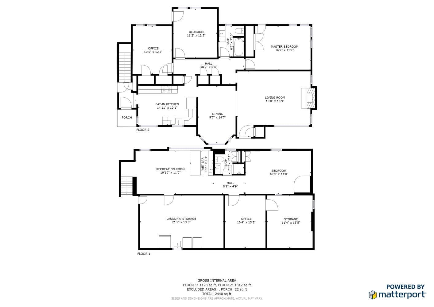 Explore the floor plan of this charming two-story Portland, Oregon home, showcasing a living room, kitchen, and three bedrooms with two bathrooms upstairs. The lower floor features a recreation room, storage area, office space, and an extra bedroom. Powered by Matterport logo is visible.