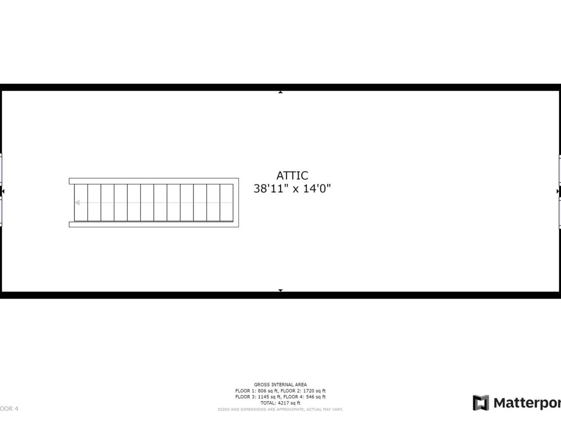 Floor plan of an attic measuring 38 feet 11 inches by 14 feet 0 inches. The plan includes a staircase on the left side.