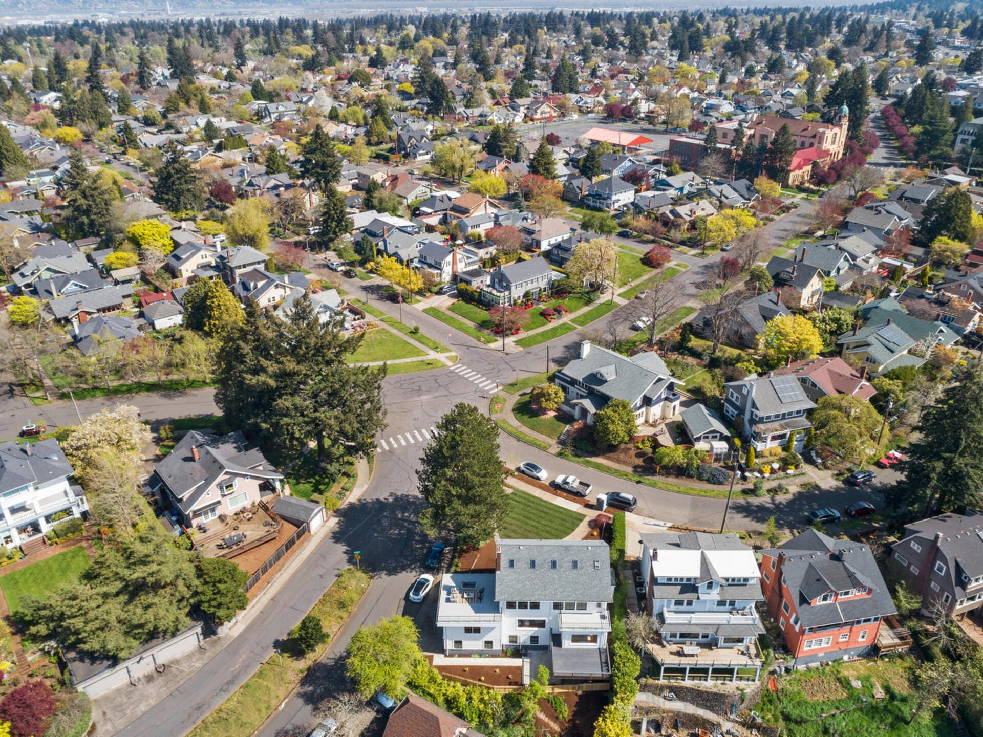 Aerial view of a suburban neighborhood with tree-lined streets and colorful houses. Roads intersect near the center, and a variety of green trees are visible. Large buildings are in the distance under a clear sky.