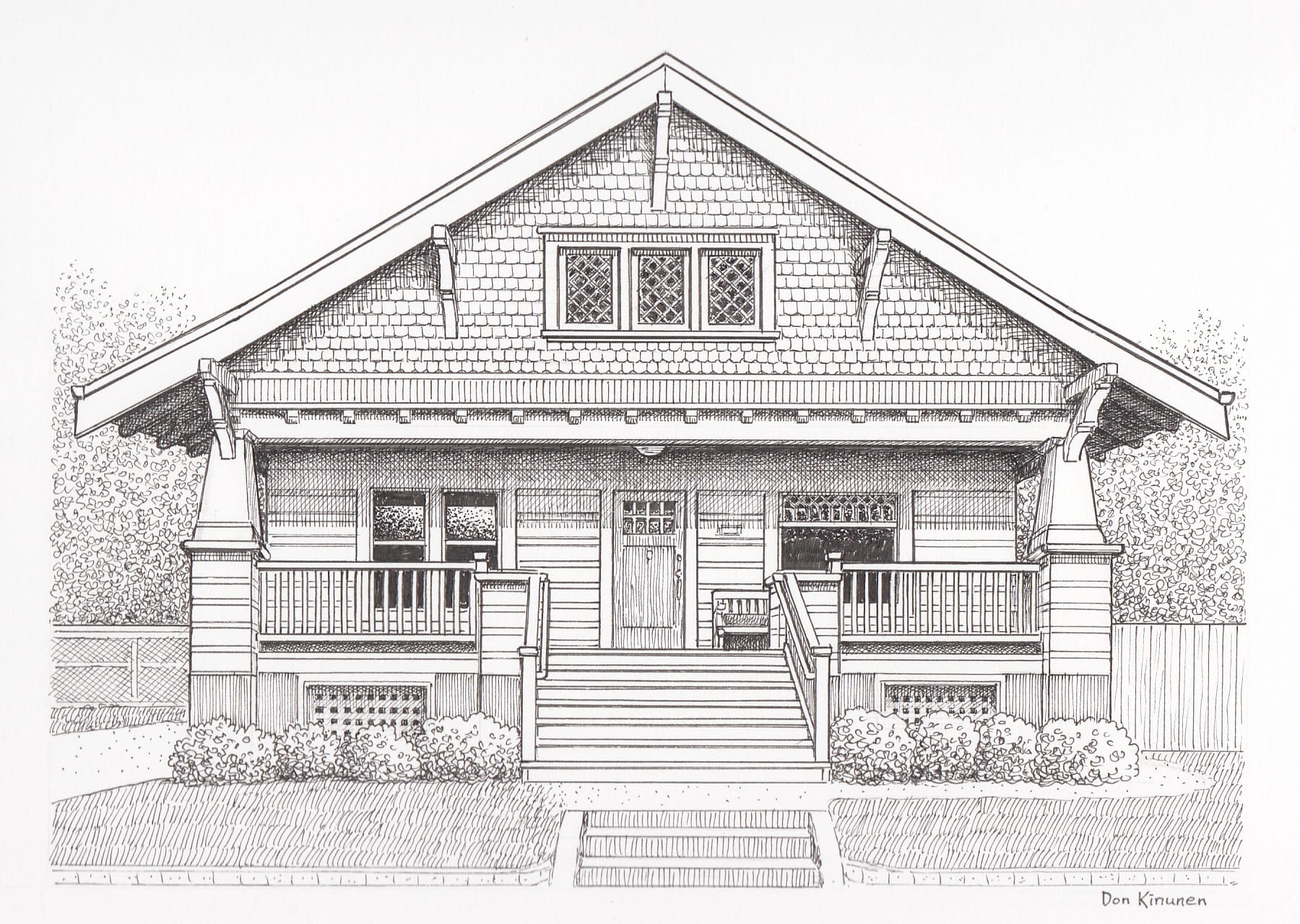 Black and white illustration of a Craftsman-style house with a gabled roof, wooden shingle siding, and a welcoming front porch. The structure features symmetrical windows, a central door, and decorative brackets under the eaves.