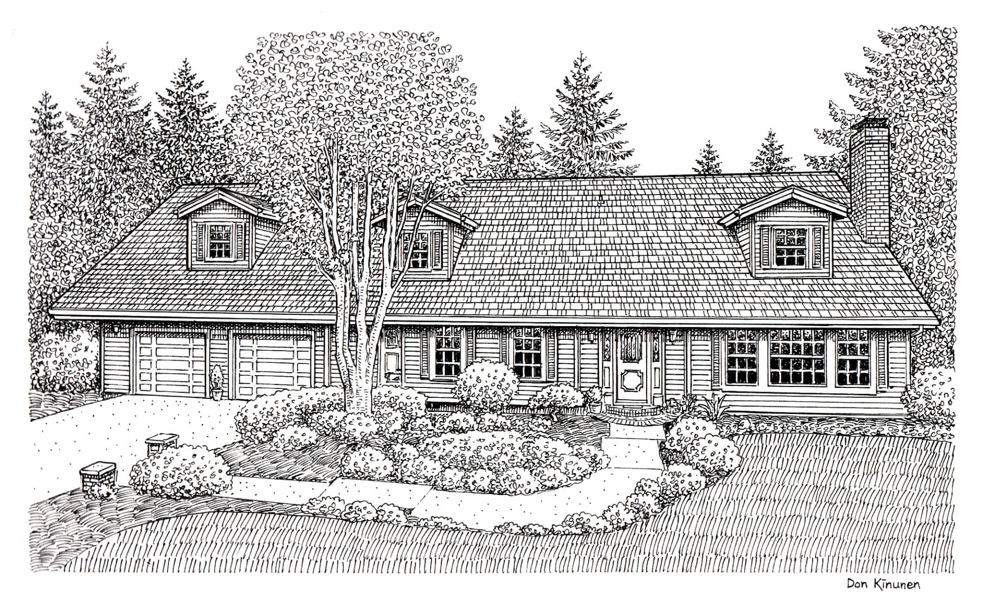 Black and white drawing of a house with a shingled roof, two dormer windows, and a chimney. It has a two-car garage, front porch, and is surrounded by trees and shrubs.