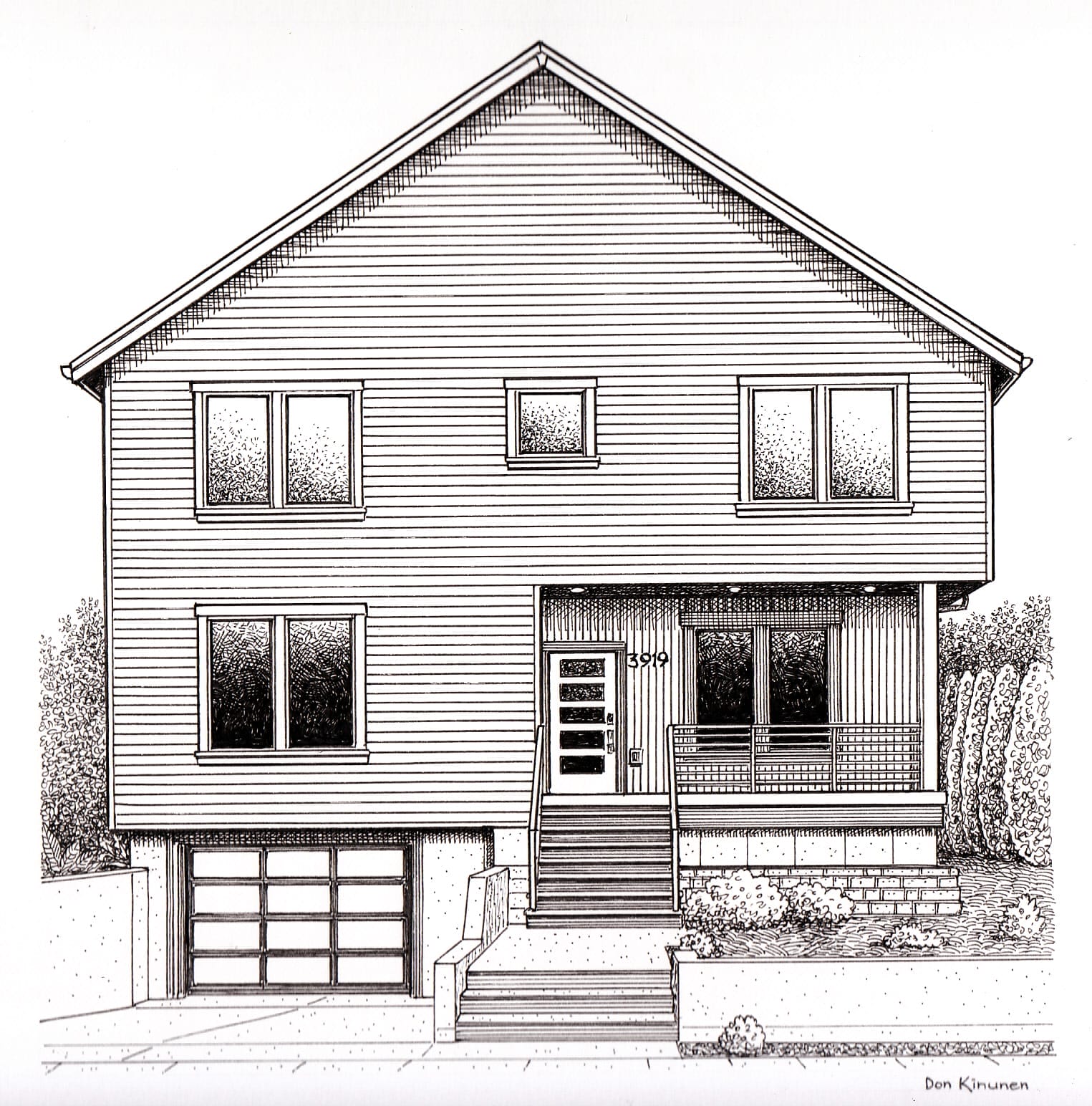 A detailed black and white line drawing of a two-story house with a garage, large windows, and a front porch. The house is surrounded by shrubs and has a staircase leading to the main entrance.