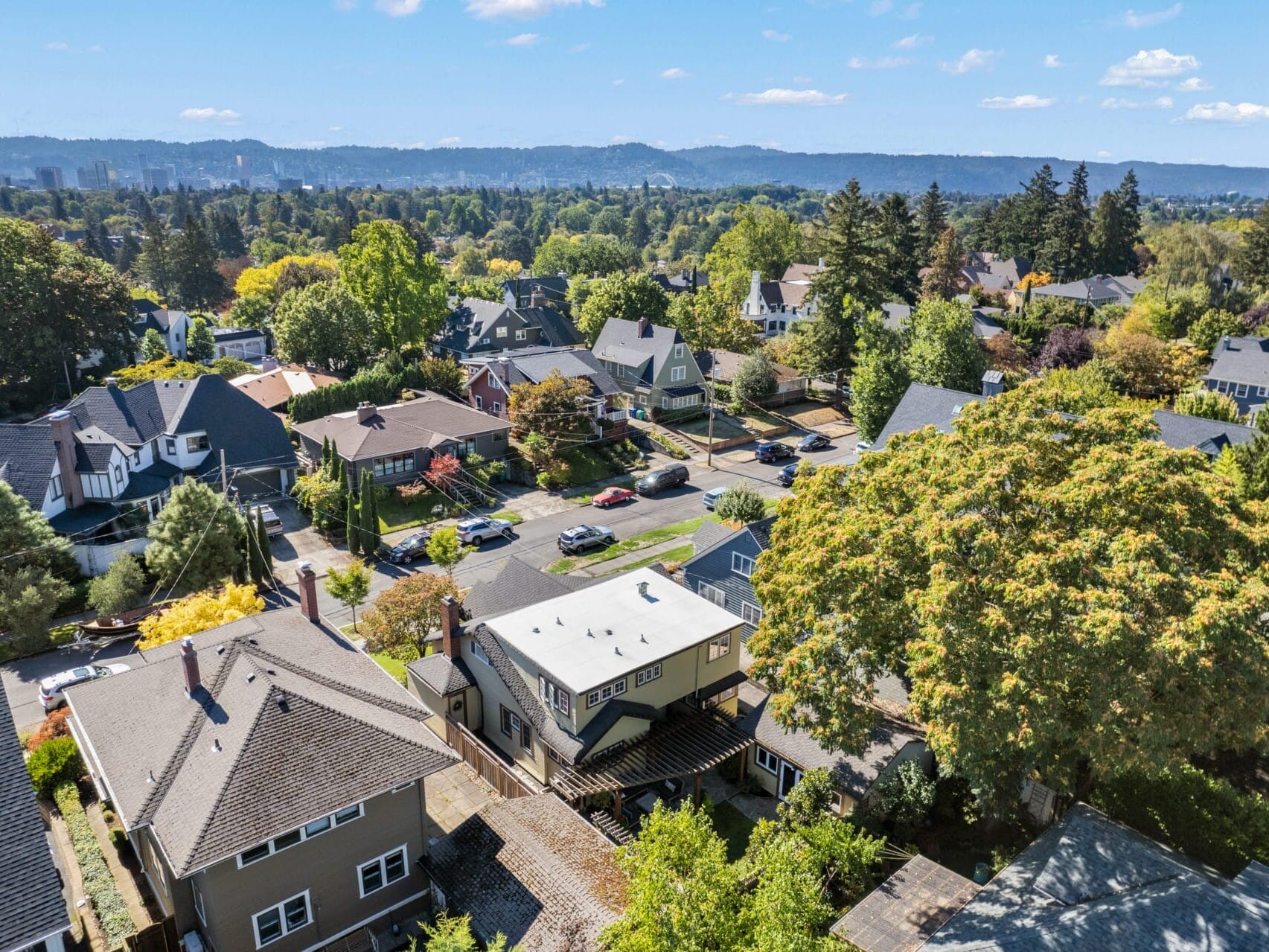 Aerial view of a suburban neighborhood with several houses, trees, and a road lined with parked cars. The background features a city skyline and distant hills under a partly cloudy sky.