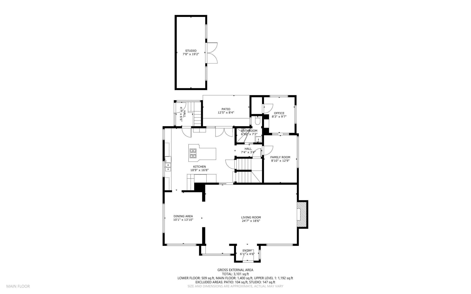 Floor plan of a one-story house featuring a studio, patio, office, primary bedroom with ensuite, kitchen, dining area, family room, and garage. Labels indicate dimensions for each room.