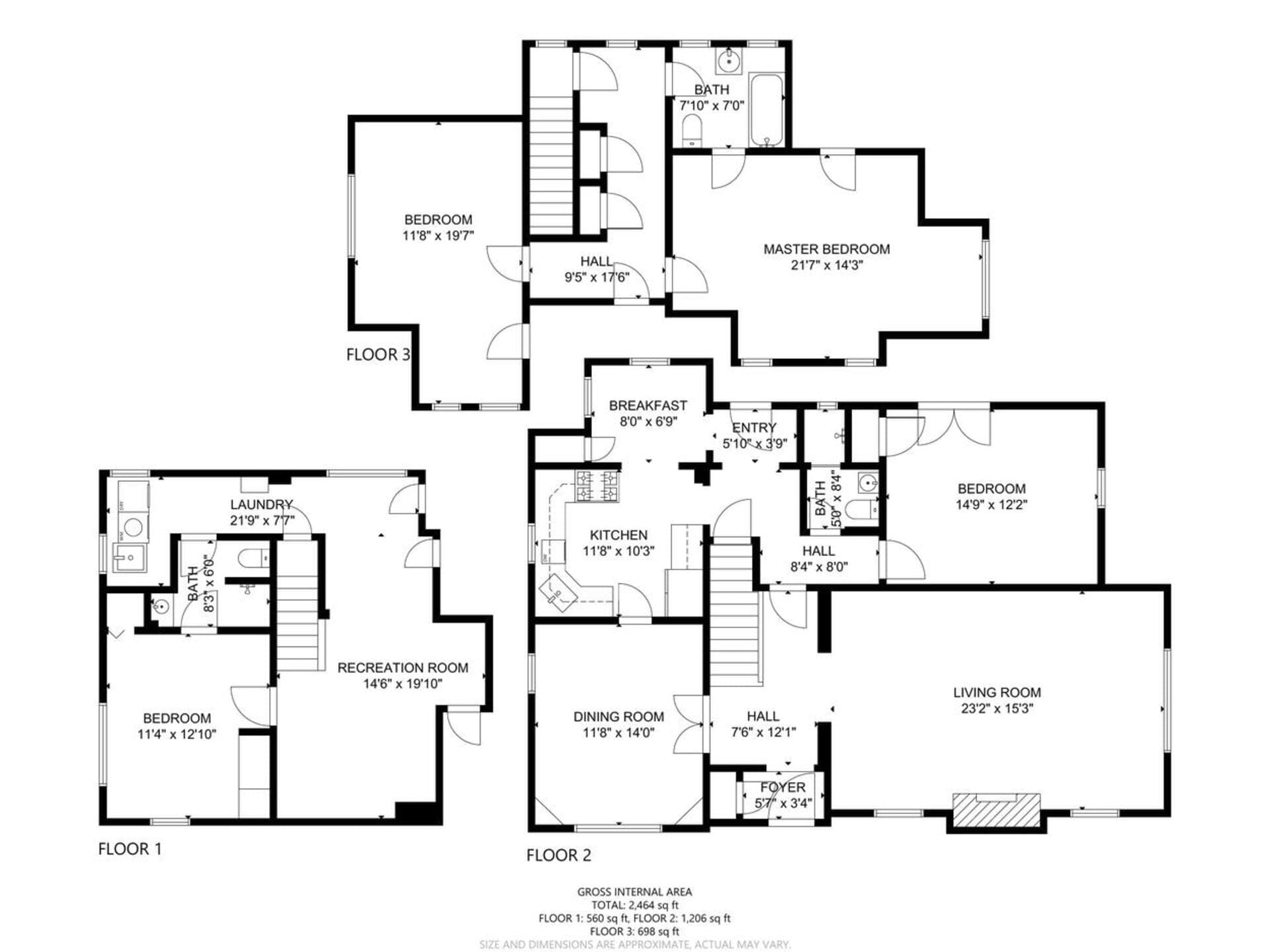A three-floor house floor plan showing rooms on each floor. Floor 1: Recreation room, bedroom, laundry. Floor 2: Living room, dining room, kitchen, two bedrooms. Floor 3: Master bedroom, bath, and another bedroom. Measurements included for each room.