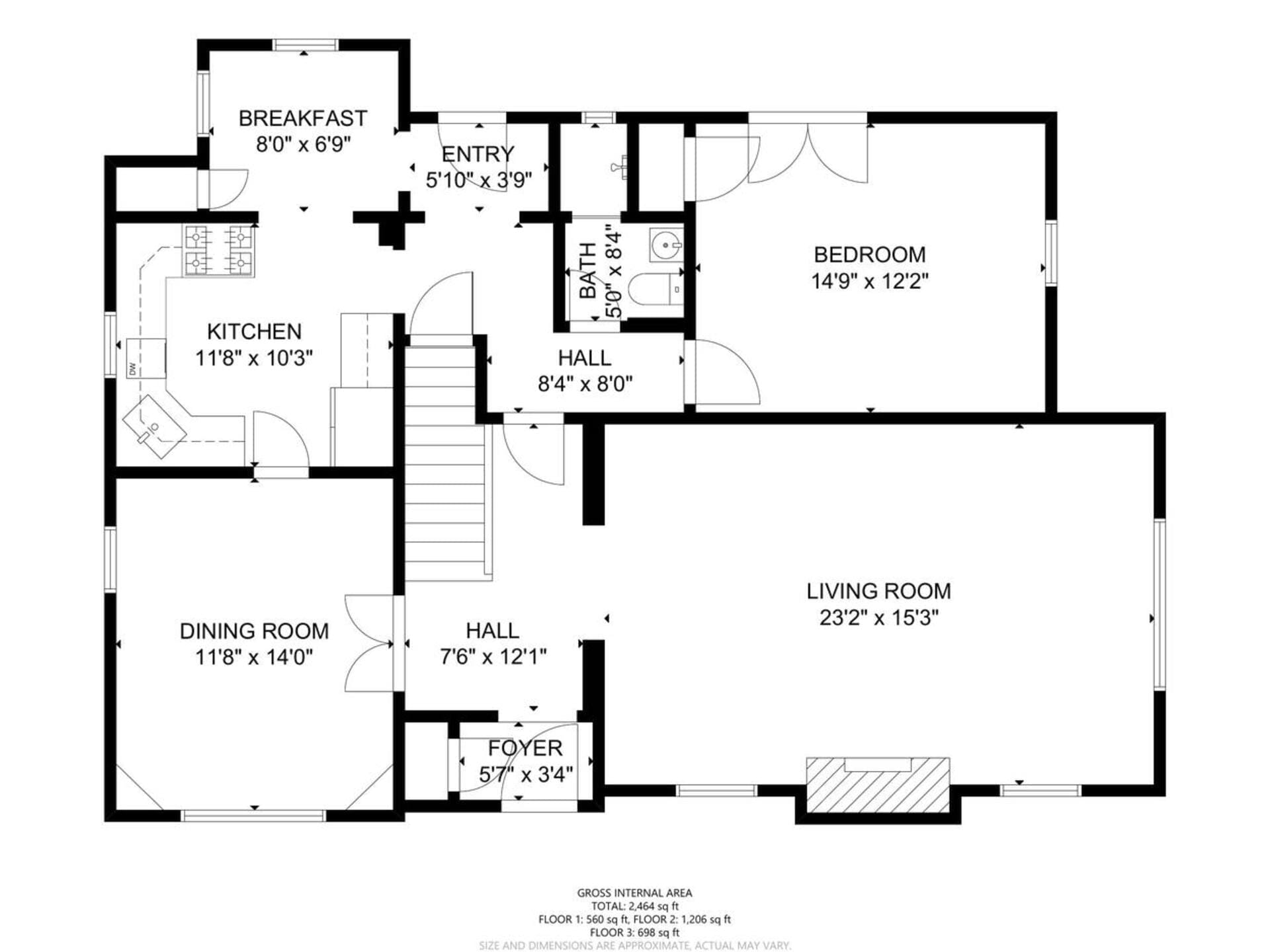 A black and white floor plan showing a house layout. Rooms include a bedroom, living room, dining room, kitchen, breakfast nook, foyer, and two halls. Dimensions are labeled in feet and inches. Door and window placements are illustrated.