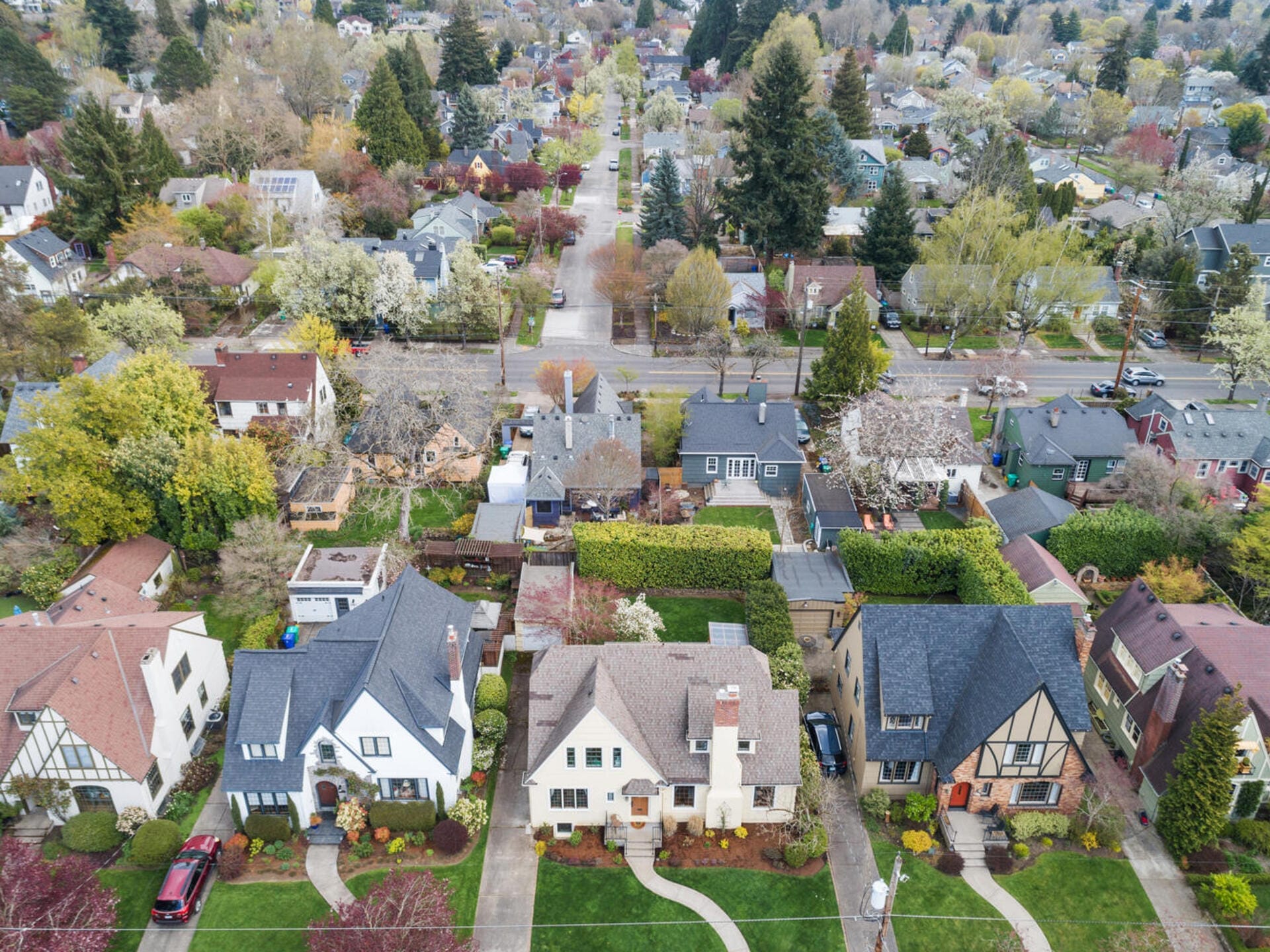 Aerial view of a suburban neighborhood featuring tree-lined streets and various houses with gardens, including Tudor-style and traditional homes. The area is lush with greenery and intersected by a main road running horizontally through the center.