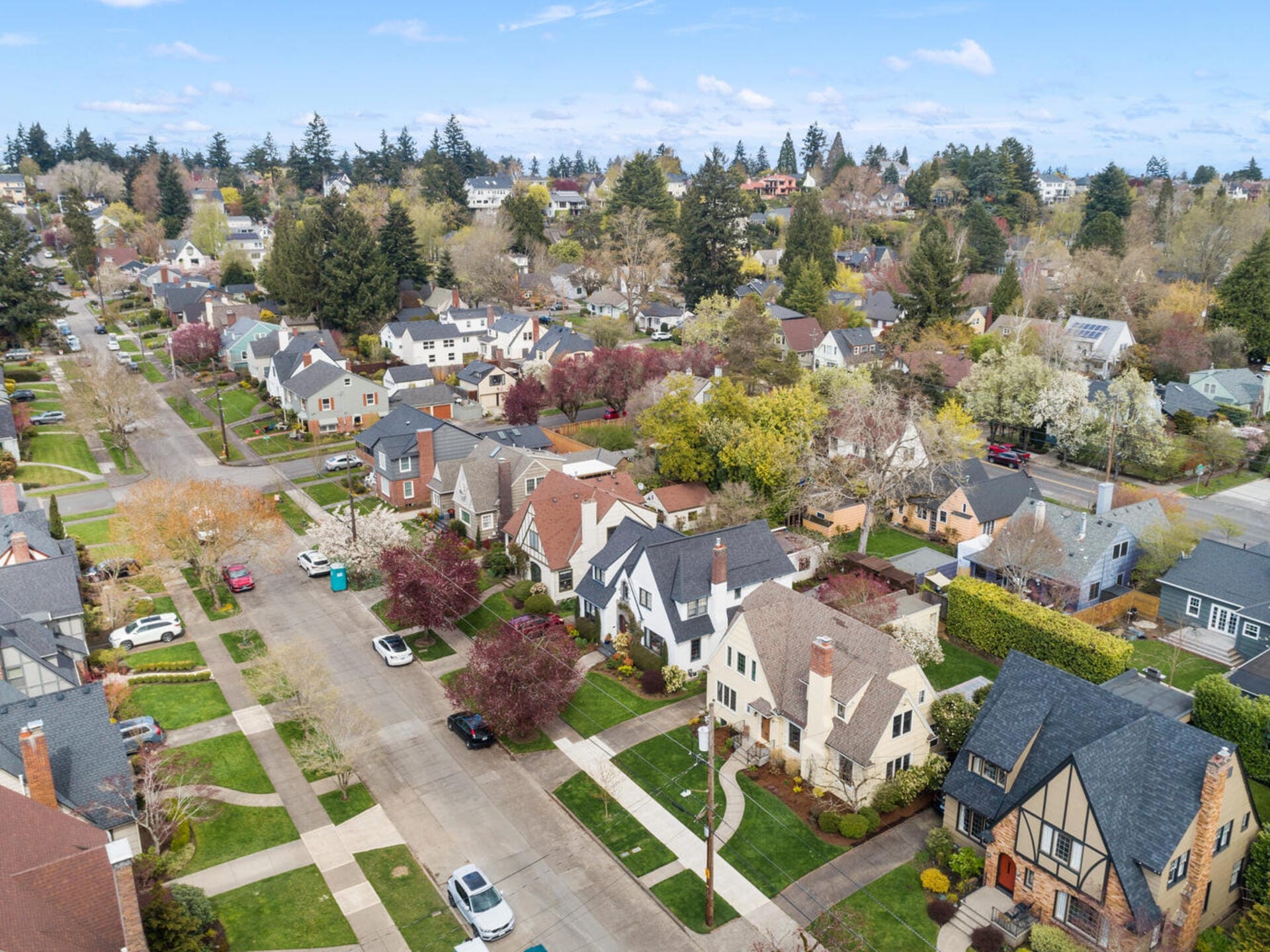 Aerial view of a suburban neighborhood with tree-lined streets and a variety of houses, each with different architectural styles. Cars are parked along the roads, and the scene is set against a backdrop of trees and a blue sky.