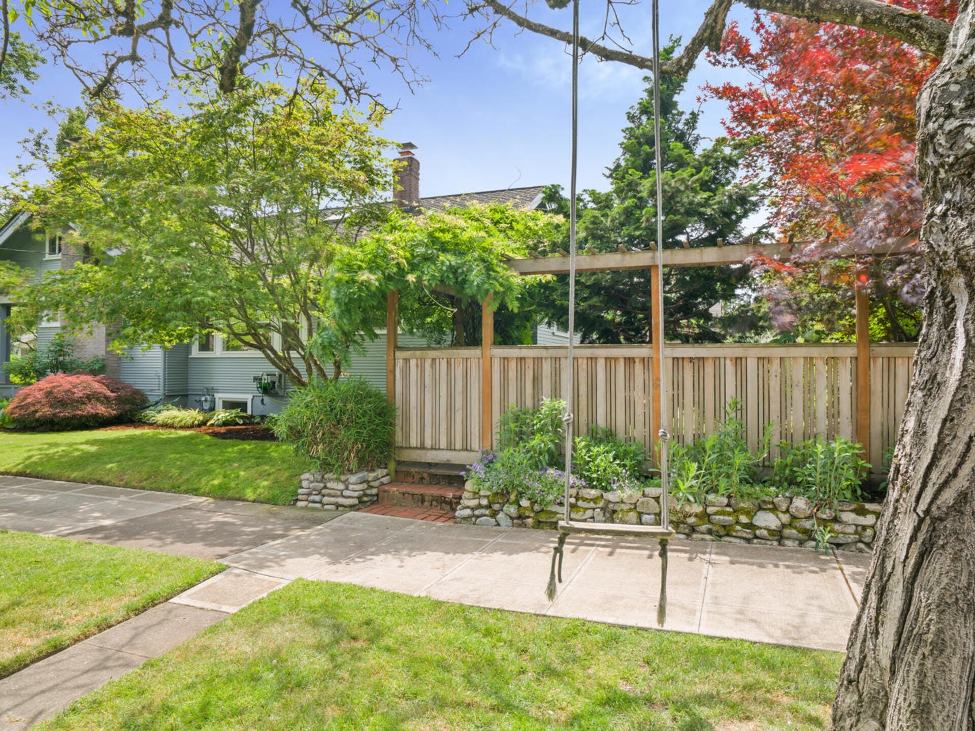 A wooden swing hangs from a tree in a suburban yard. A wooden fence, lush greenery, and colorful foliage can be seen in the background, along with a sidewalk and a house partially visible behind the fence.