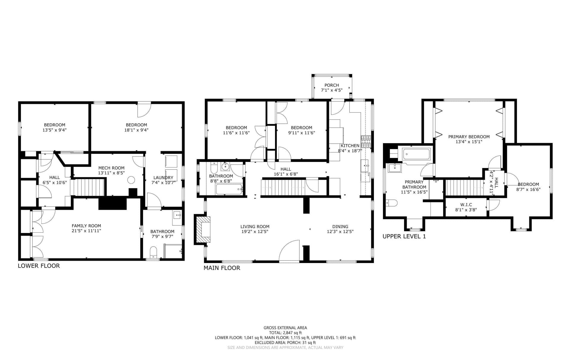 Floor plan with three levels: Lower floor has a family room, two bedrooms, laundry, and bathroom. Main floor includes a kitchen, dining and living room, two bedrooms, and a porch. Upper level 1 has a primary bedroom with ensuite and walk-in closet.