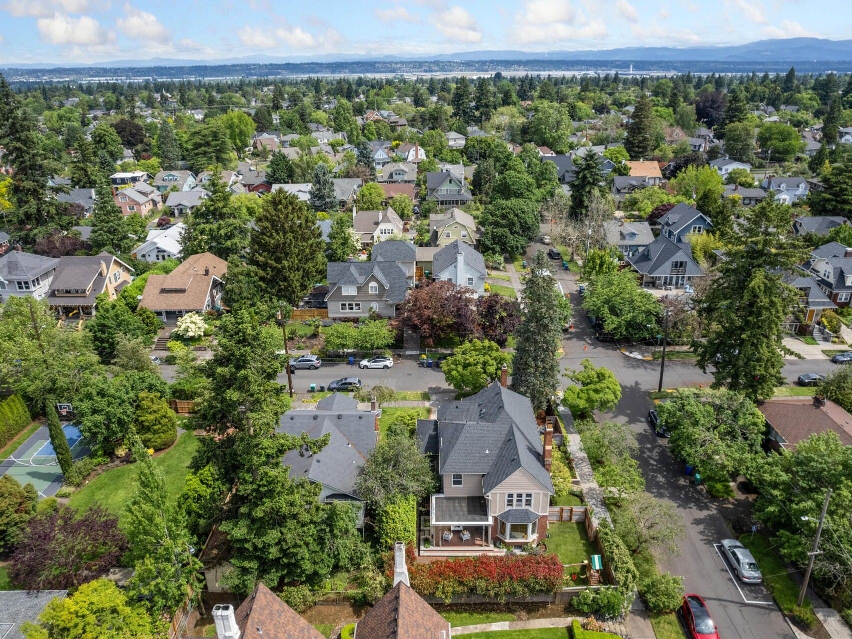 Aerial view of a residential neighborhood featuring tree-lined streets and a variety of houses. The scene is lush with greenery under a partly cloudy sky, offering a peaceful suburban atmosphere.