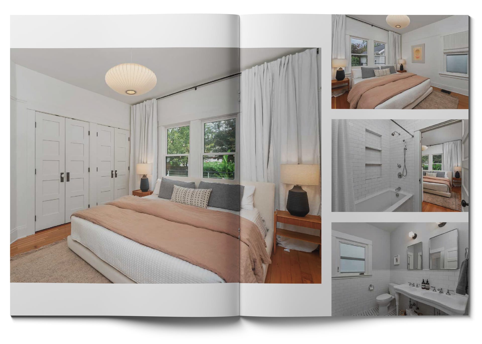 An open magazine displays a modern bedroom with a large bed, neutral colors, and a pendant light. The right page features smaller images of the bathroom with white tiles, bathtub, shower, and a vanity with dual sinks.