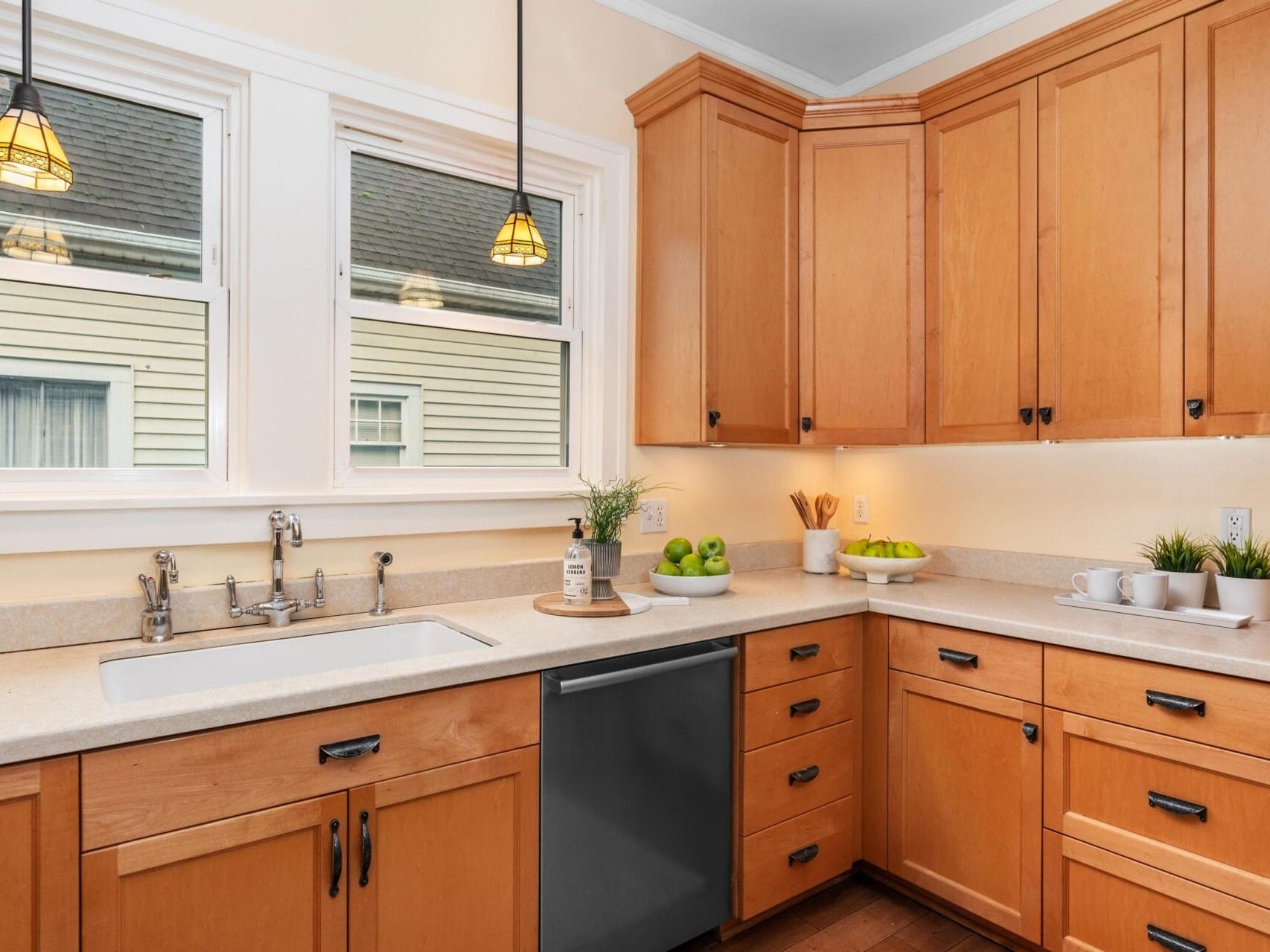 A modern kitchen with light wood cabinets, a white countertop, and a stainless steel dishwasher. There are two pendant lights, a fruit bowl with green apples, and a plant near the window.