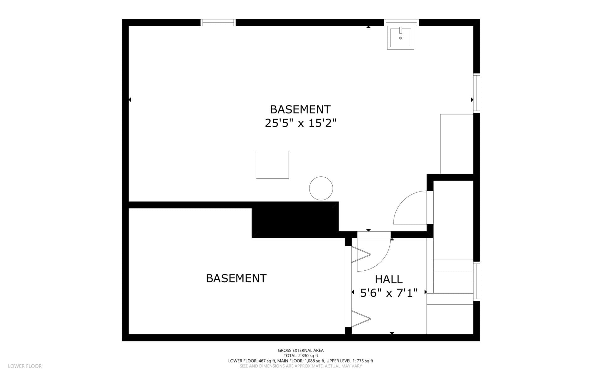 Floor plan of a lower level showing two basement areas. The larger basement measures 255 x 152 and features a square shape. It connects to a smaller hallway that leads to stairs. A sink is located in the top right corner of the room.