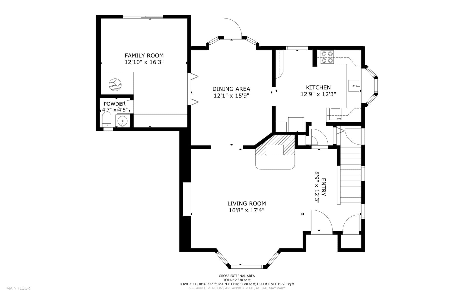 Floor plan of a houses main floor, featuring a family room, dining area, kitchen, living room, powder room, and entryway. It includes dimensions for each room and the layout shows stairs leading to another floor.