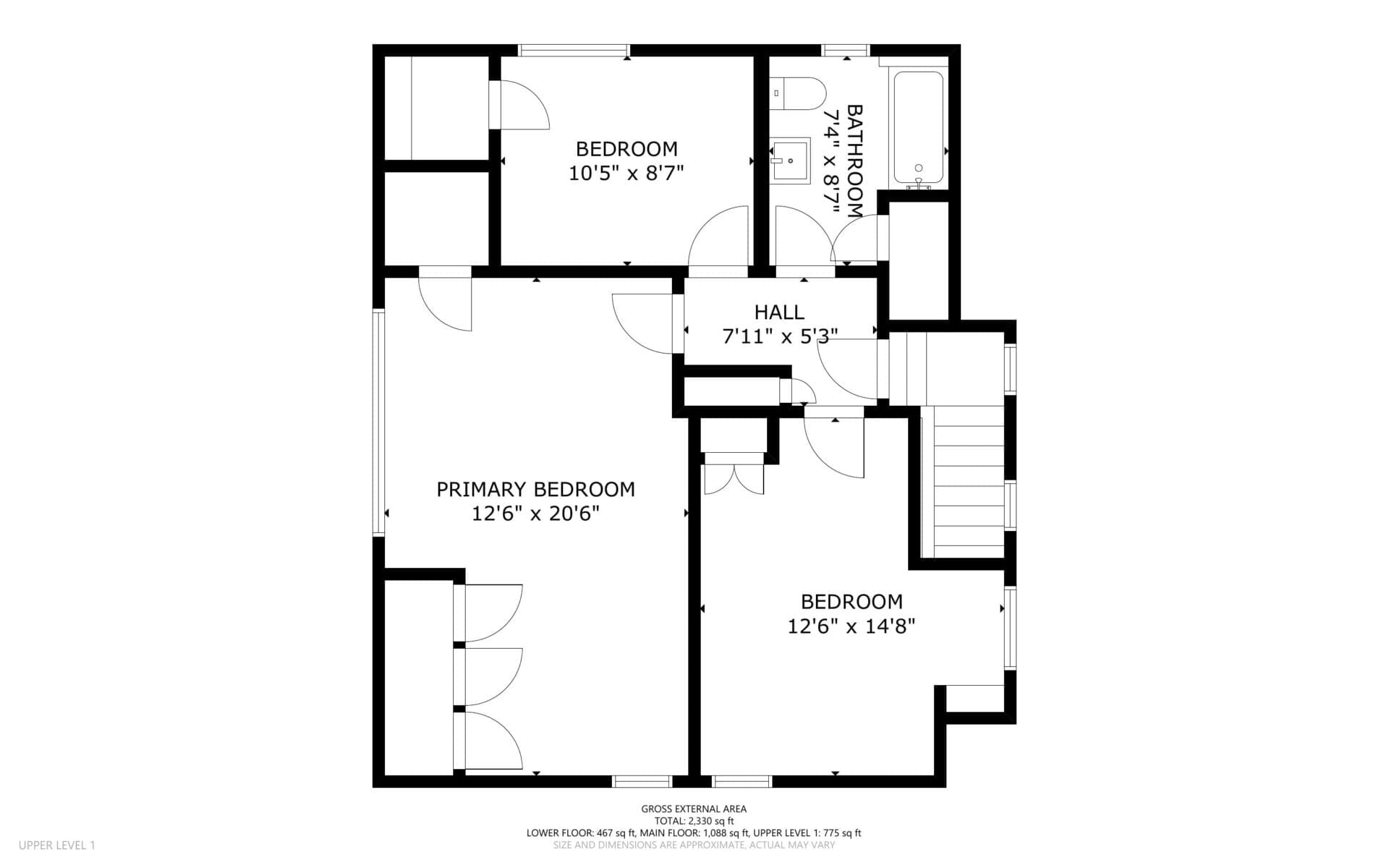 Floor plan showing three bedrooms, a bathroom, and a hall. The primary bedroom is labeled 126 x 206, another bedroom 126 x 148, and the third bedroom 105 x 87. The bathroom is 42 x 87, and the hall is 711 x 53.