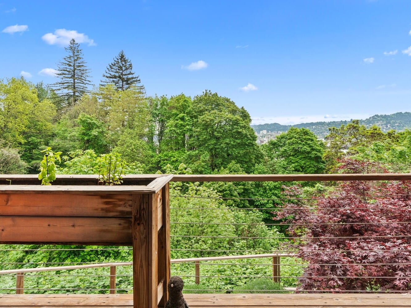 A wooden deck with a planter overlooks a lush, green landscape. In the background, hills and a blue sky with a few clouds are visible. The scene is peaceful and natural, with various shades of green from the trees and plants.